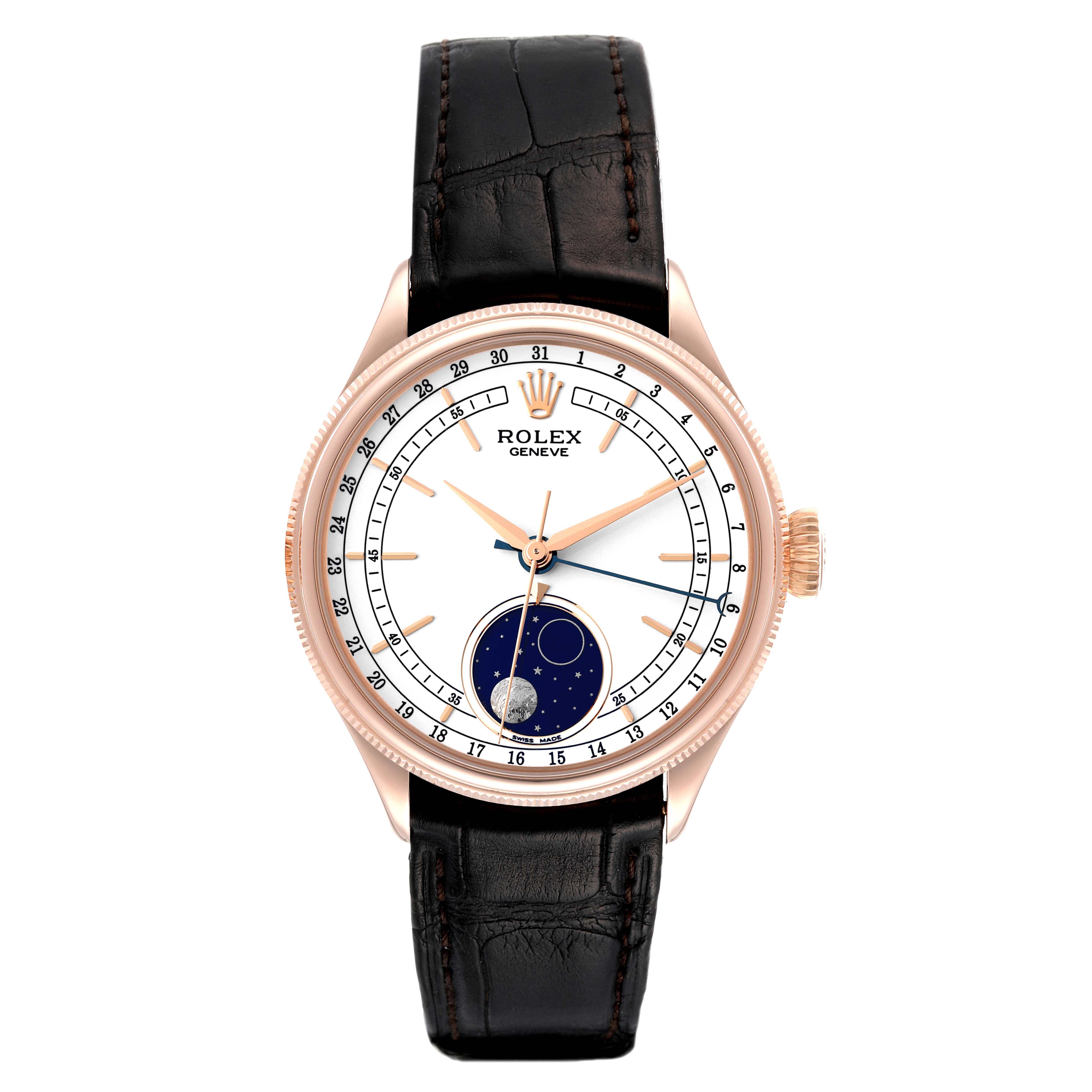 This image shows a Rolex Cellini 50535 Men's Rose Gold White Dial 50535 Men's Rose Gold White Dial watch from a front angle, displaying its face, bezel, crown, and leather strap.