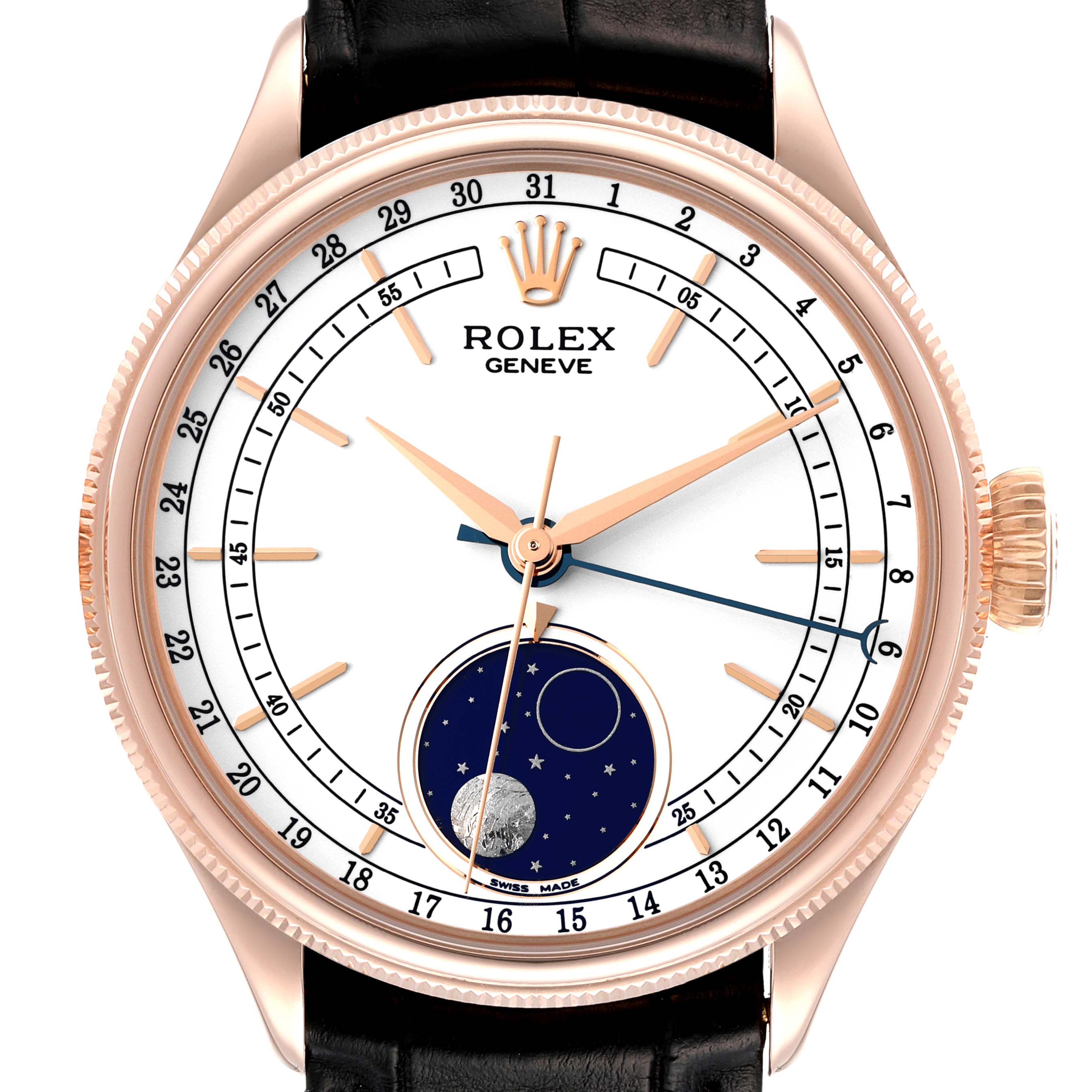 The image shows a front view of the Rolex Cellini 50535 Men's Rose Gold White Dial 50535 Men's Rose Gold White Dial watch, highlighting its dial, hands, moon phase sub-dial, and crown.