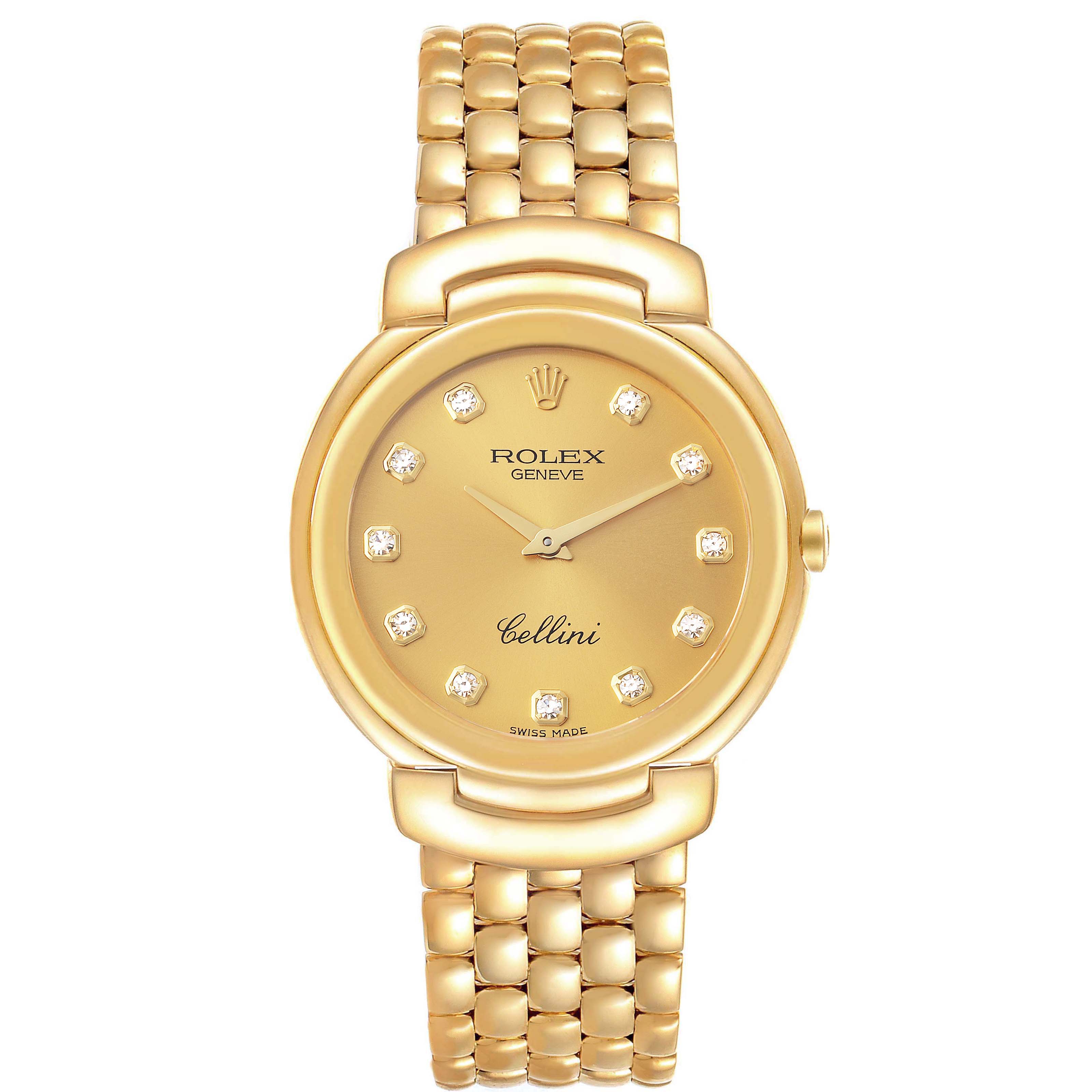 This is a front view of the Rolex Cellini 6622 Men
s Yellow Gold Champagne Dial 6622 Men
s Yellow Gold Champagne Dial watch, showcasing its dial, hands, crown, and bracelet.