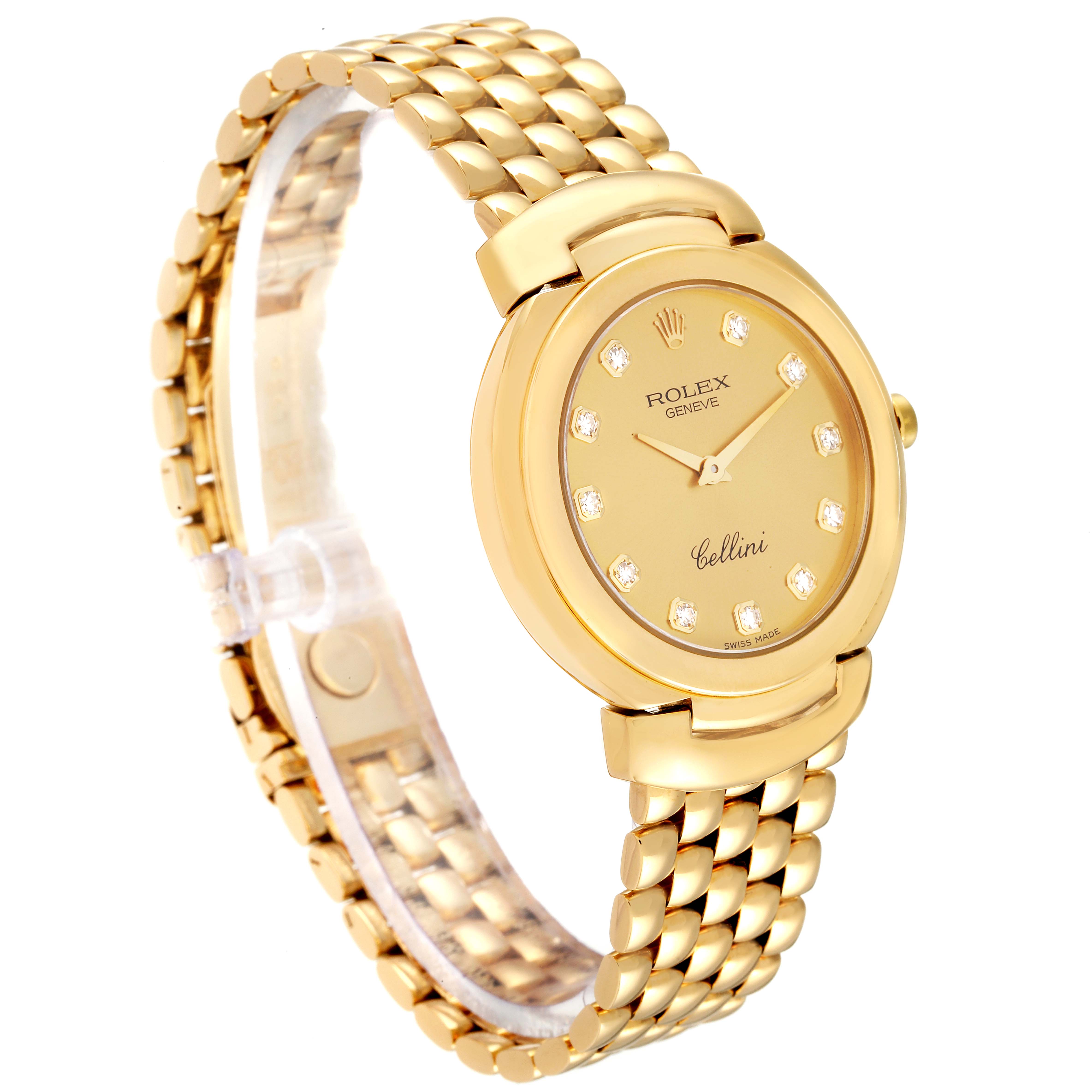 This image shows a Rolex Cellini 6622 Men
s Yellow Gold Champagne Dial 6622 Men
s Yellow Gold Champagne Dial watch at a front-side angle, highlighting its gold case, dial, and bracelet.