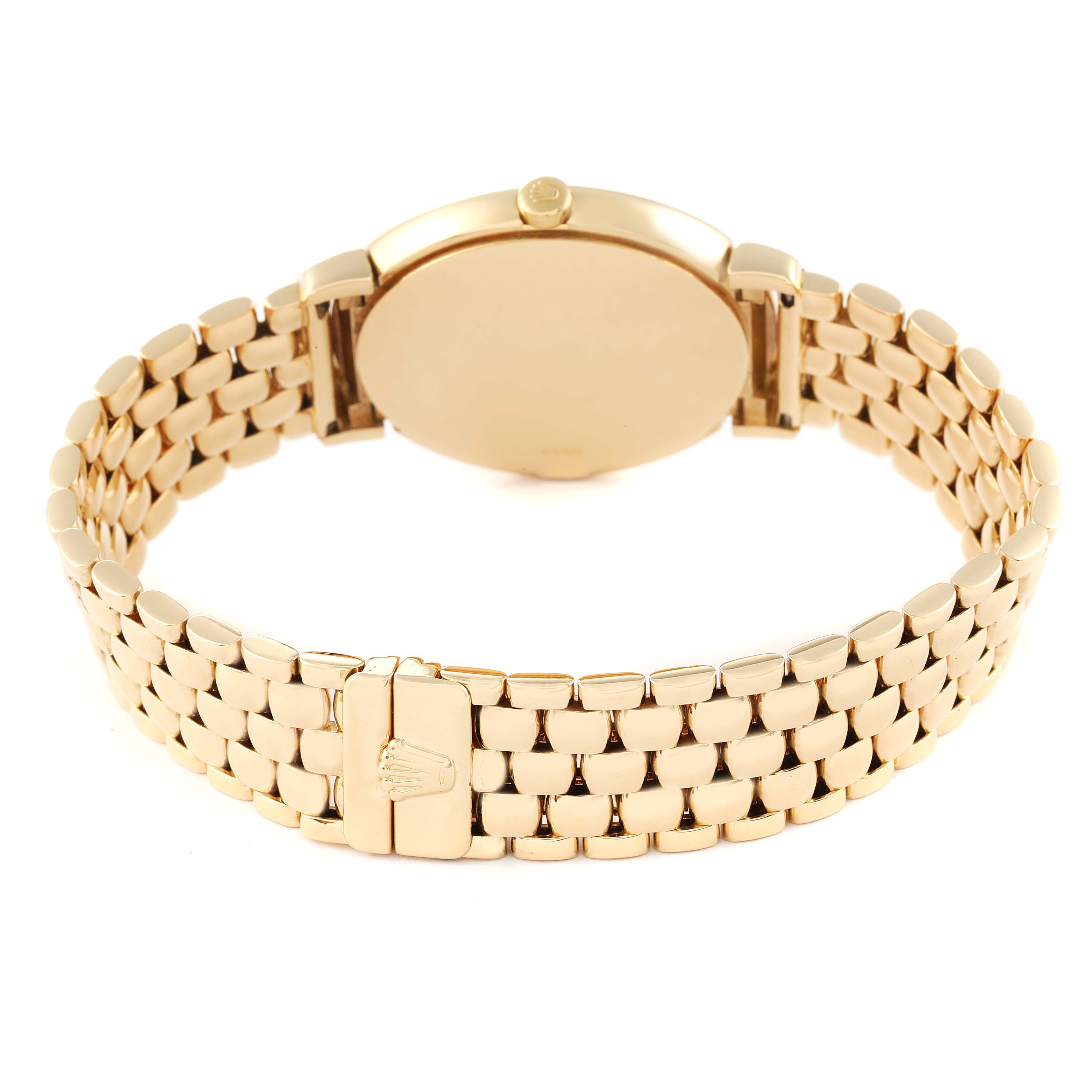 The Rolex Cellini 6622 Men
s Yellow Gold Champagne Dial 6622 Men
s Yellow Gold Champagne Dial watch is shown from the back, highlighting its gold case and bracelet with the clasp visible.