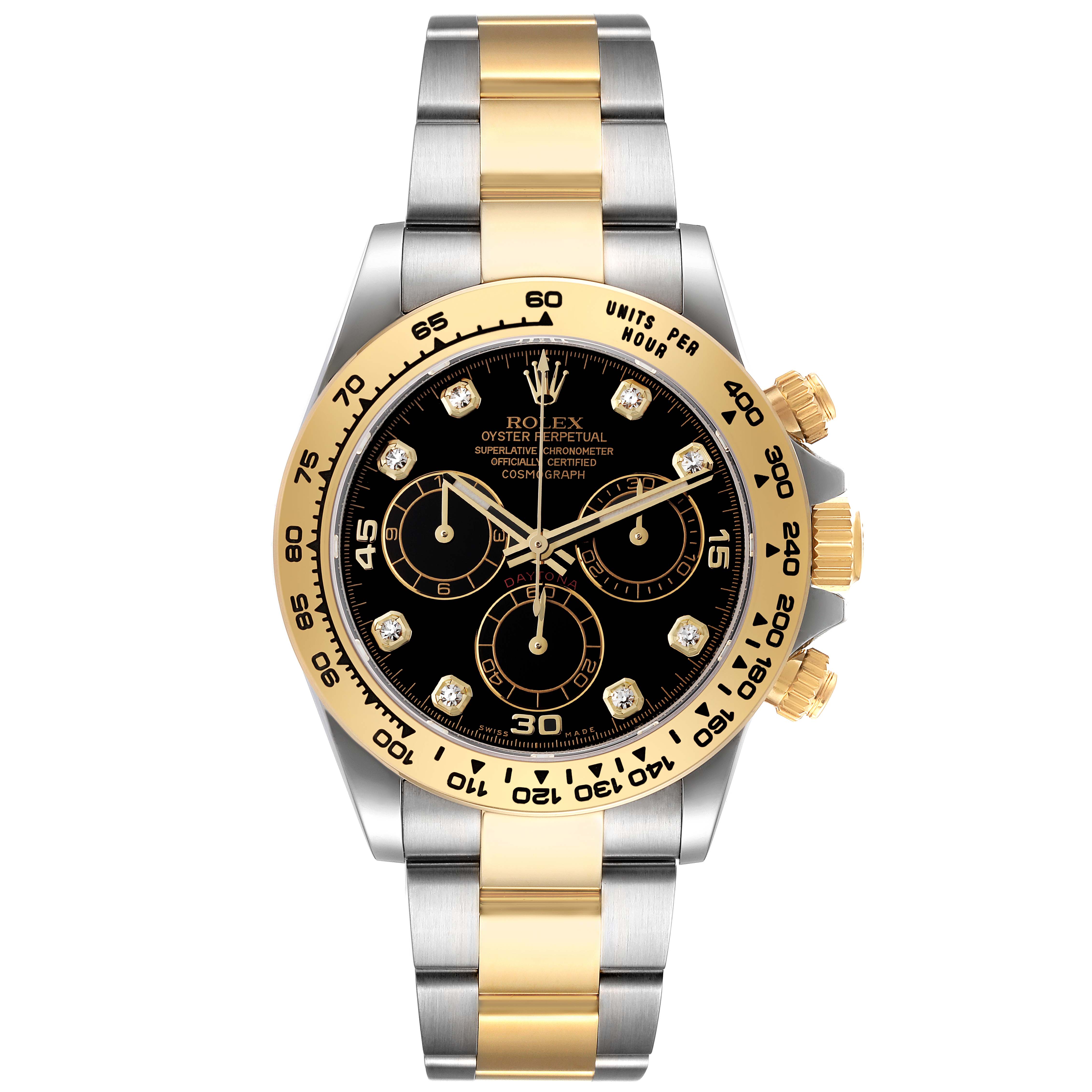 The image shows a front view of the Rolex Daytona 116503 Men
s Steel and Gold (two tone) Black Dial 116503 Men
s Steel and Gold (two tone) Black Dial model watch with a gold and silver bracelet and black dial.