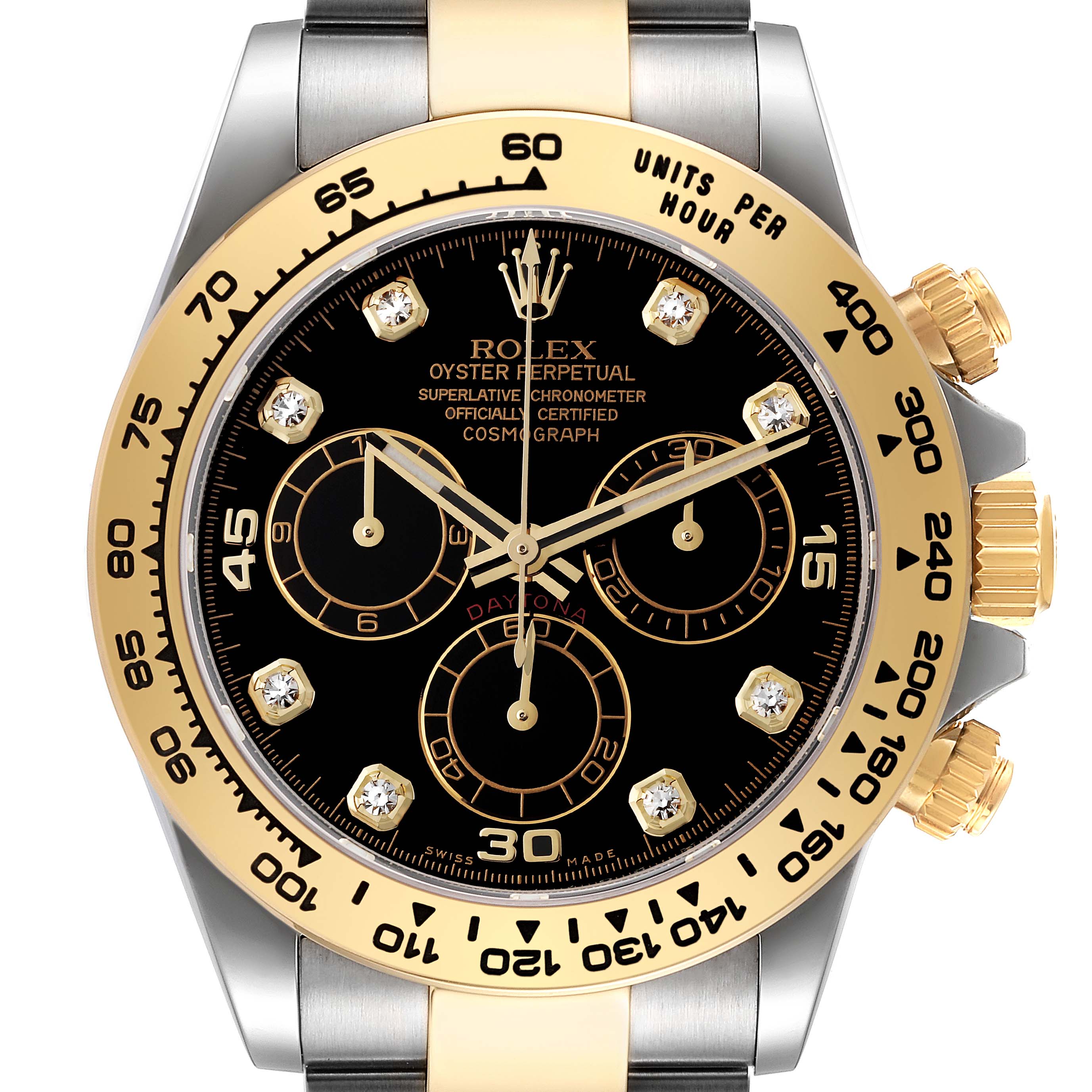 The image shows the face and bezel of a Rolex Daytona 116503 Men
s Steel and Gold (two tone) Black Dial 116503 Men
s Steel and Gold (two tone) Black Dial, featuring a black dial, gold bezel, and chronograph sub-dials.