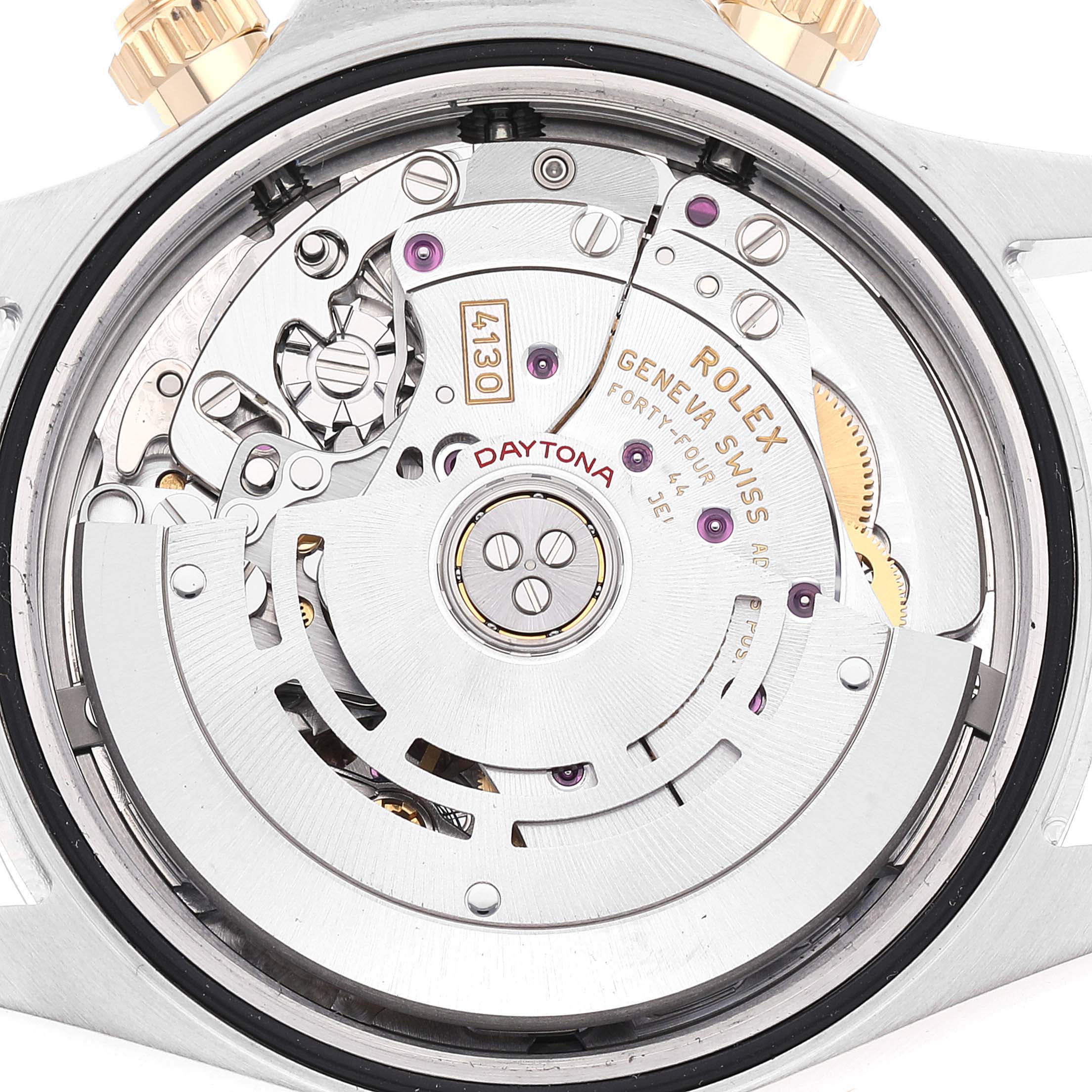 The image shows the movement mechanism of a Rolex Daytona 116503 Men
s Steel and Gold (two tone) Black Dial 116503 Men
s Steel and Gold (two tone) Black Dial watch from a close-up, rear angle view.