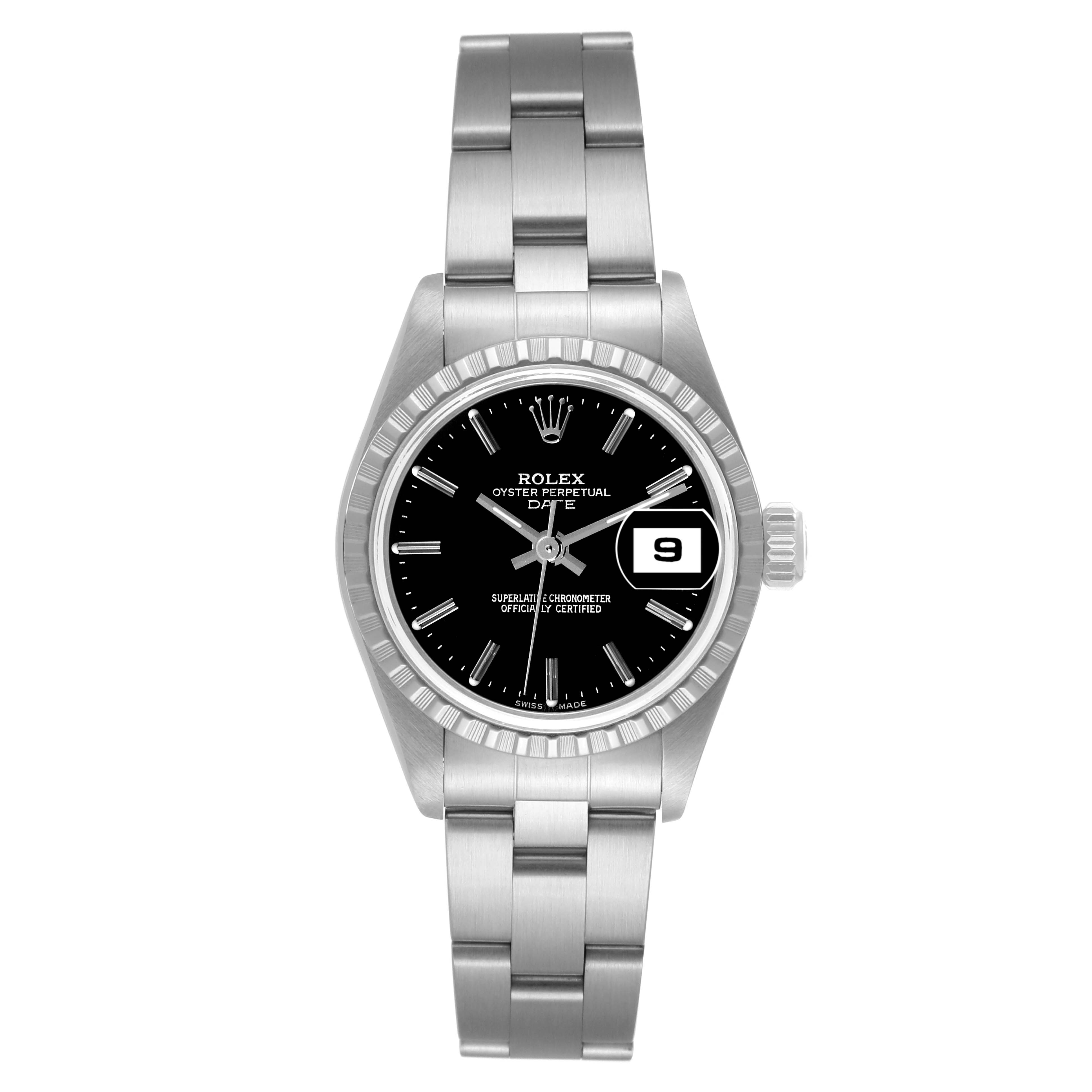 This Rolex Date 79240 Women's Stainless Steel Black Dial 79240 Women's Stainless Steel Black Dial model watch is shown from the front, displaying its face, bezel, and bracelet.