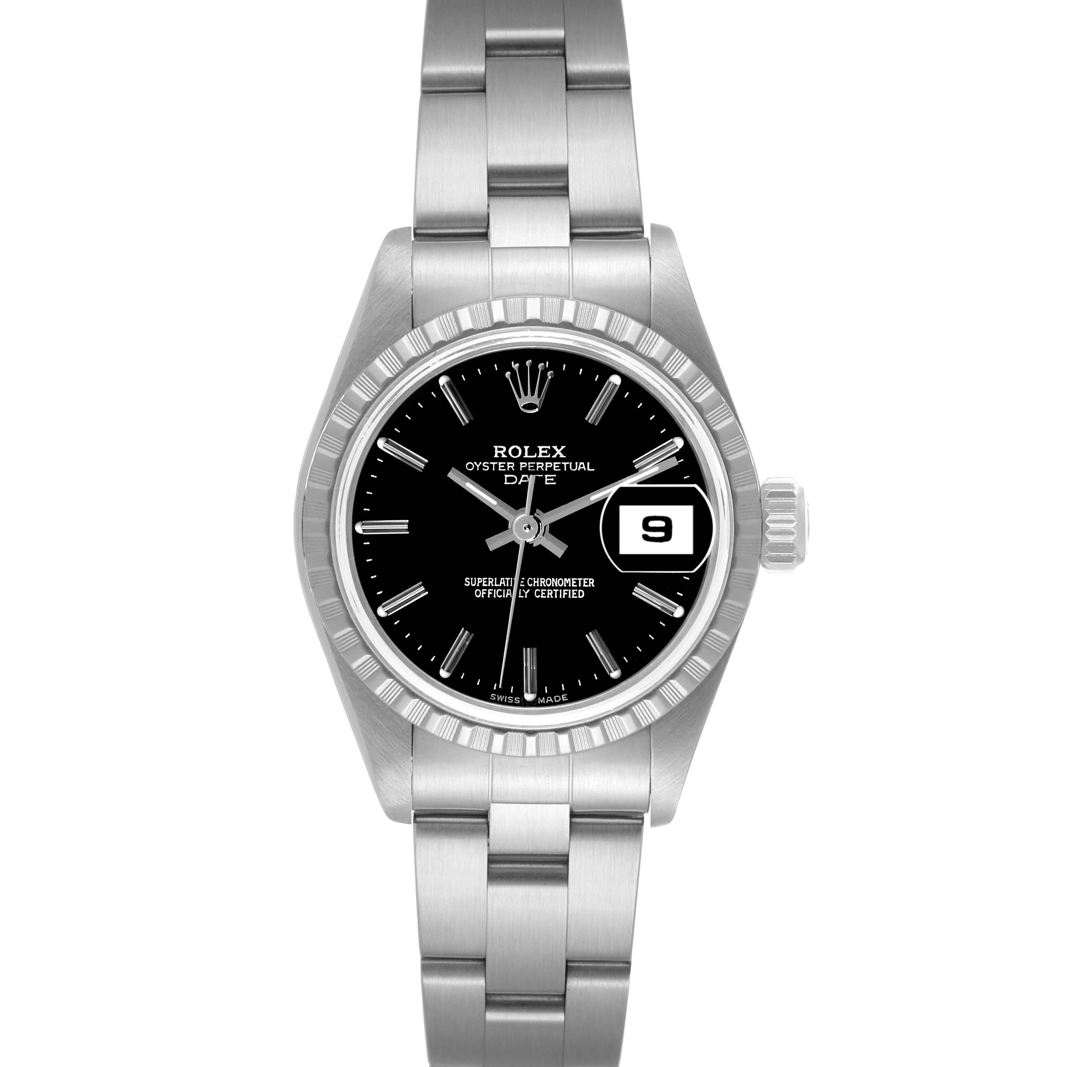 The image shows a front view of a Rolex Oyster Perpetual Date watch, highlighting its dial, bezel, and bracelet.