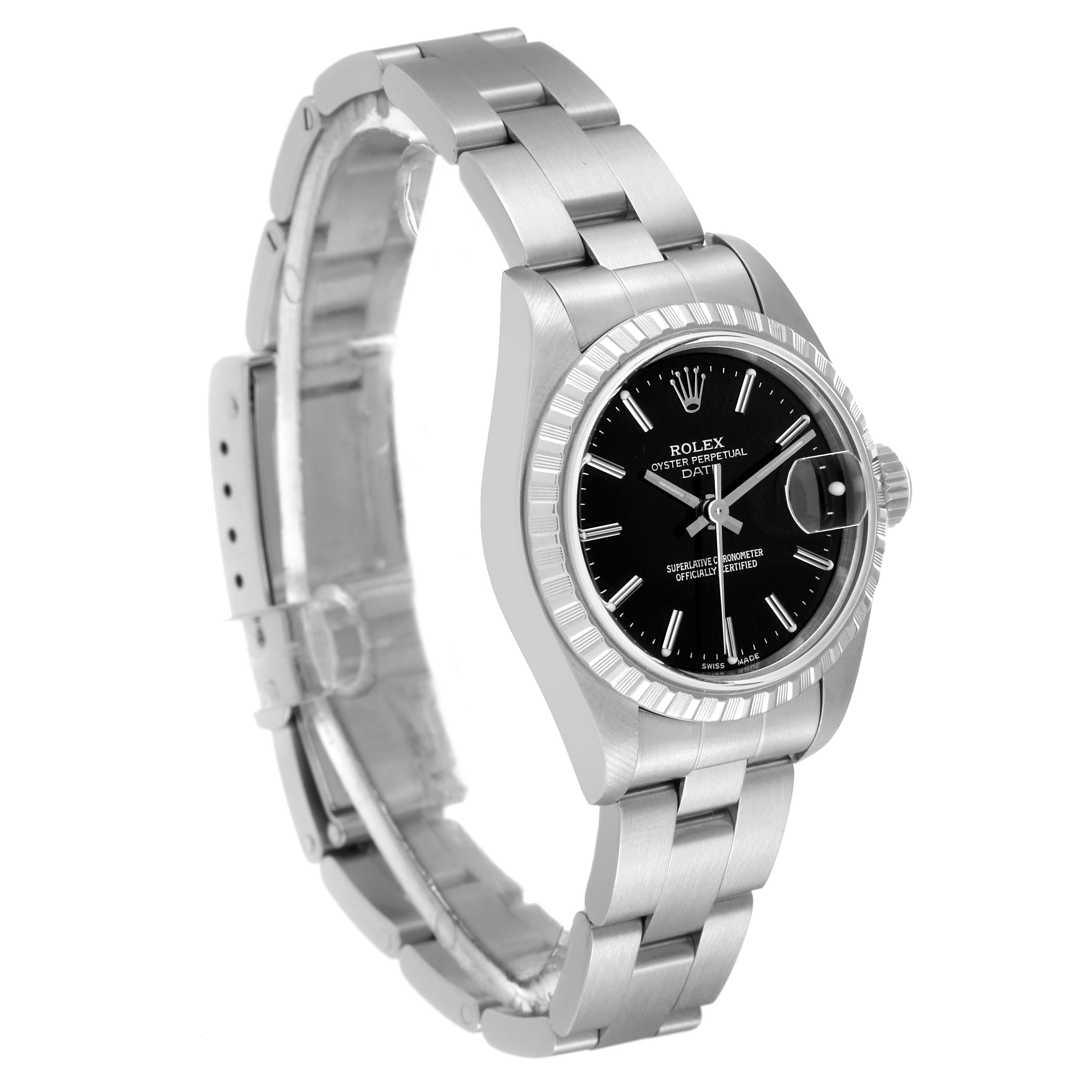 The image shows a side angle of a Rolex Date 79240 Women's Stainless Steel Black Dial 79240 Women's Stainless Steel Black Dial model watch, highlighting its face, bezel, and partially open bracelet.