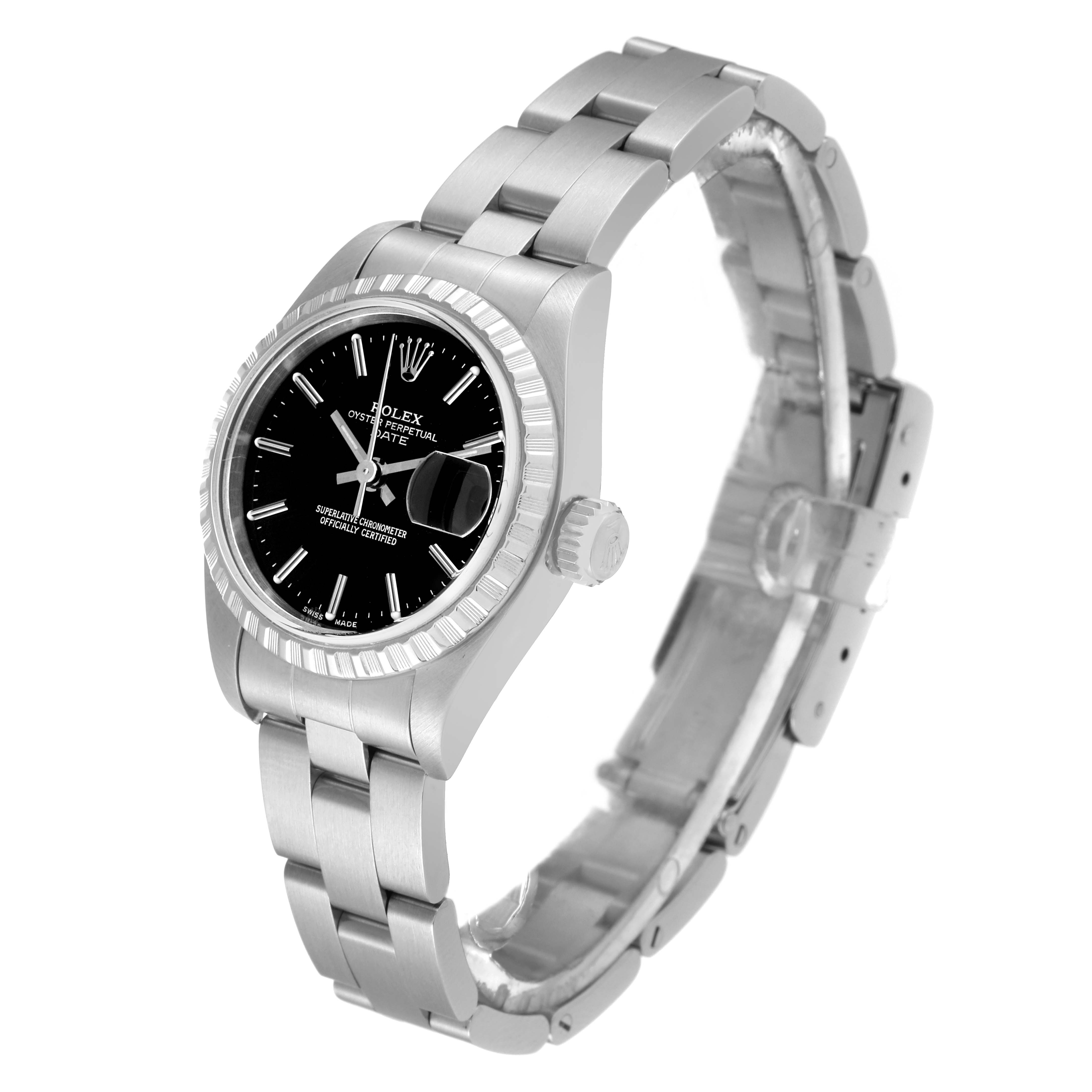 The Rolex Date 79240 Women's Stainless Steel Black Dial 79240 Women's Stainless Steel Black Dial model watch is shown at a slight angle, displaying the face, bezel, crown, and bracelet.