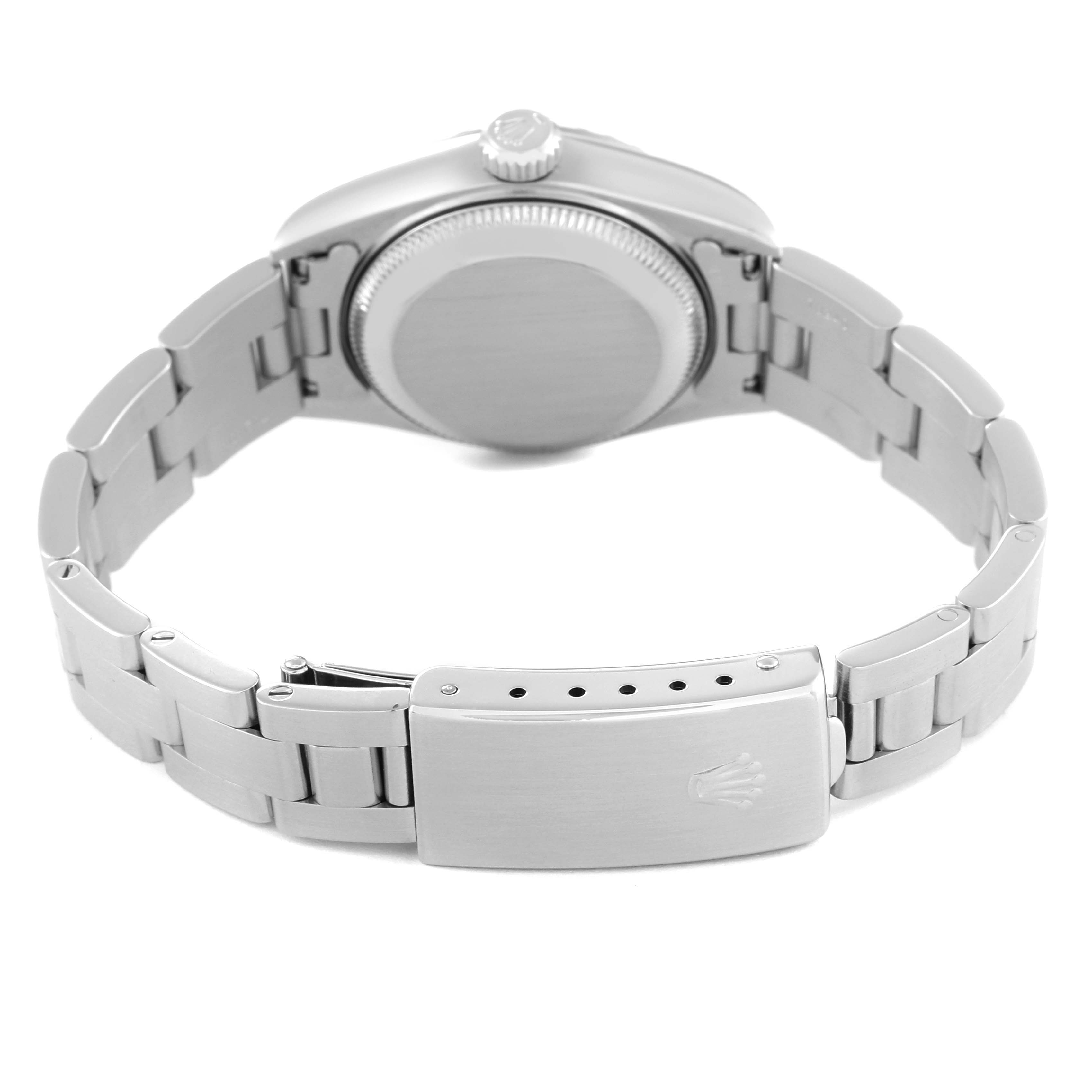 The image shows the back, clasp, and bracelet of a Rolex Date 79240 Women's Stainless Steel Black Dial 79240 Women's Stainless Steel Black Dial model watch from a rear angle.