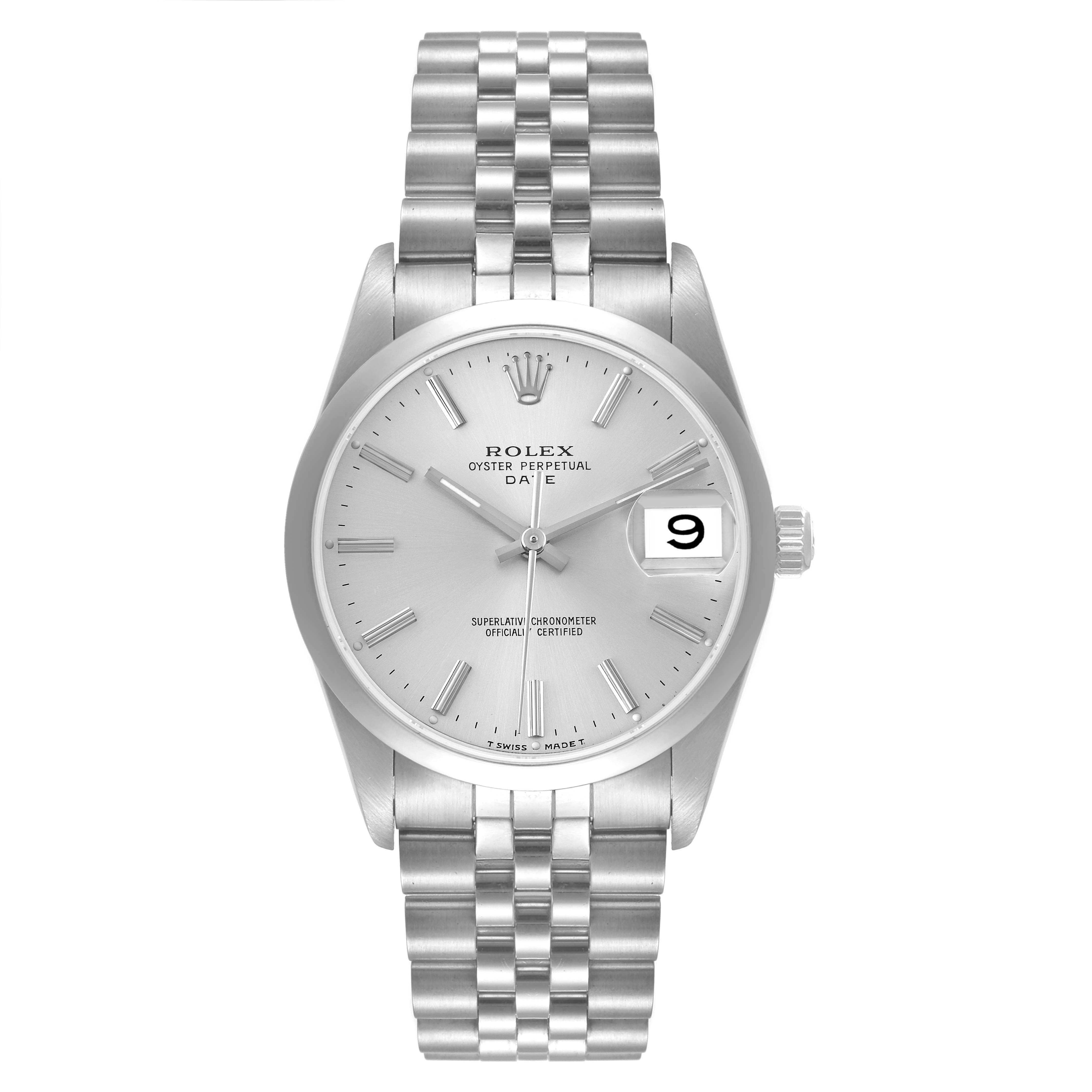 The Rolex Date 15200 Men
s Stainless Steel Silver Dial 15200 Men
s Stainless Steel Silver Dial model watch is shown from a front angle, displaying its silver dial, date window, and Jubilee bracelet.