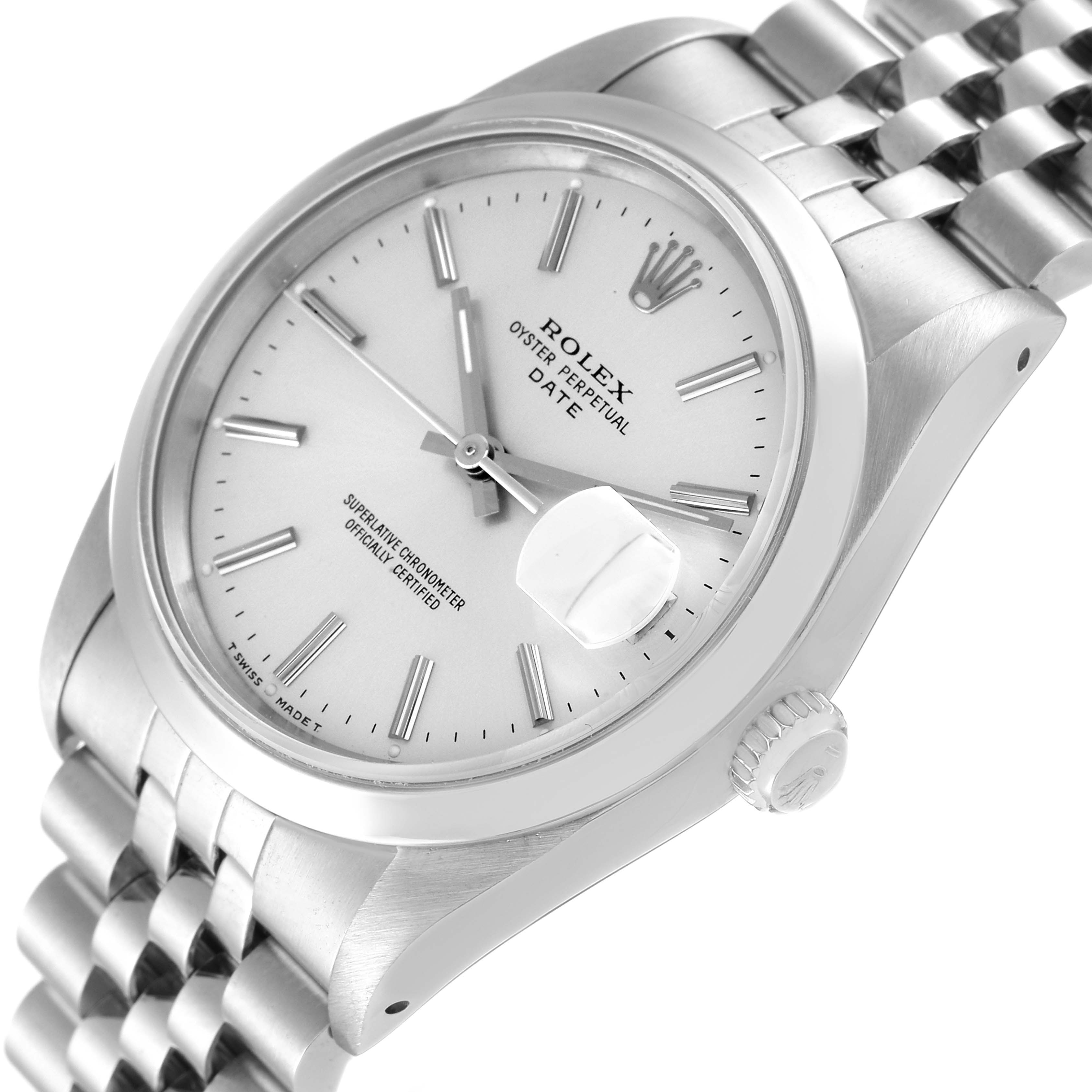 The image shows a Rolex Oyster Perpetual Date watch, featuring its dial, crown, and part of the bracelet at an angle.