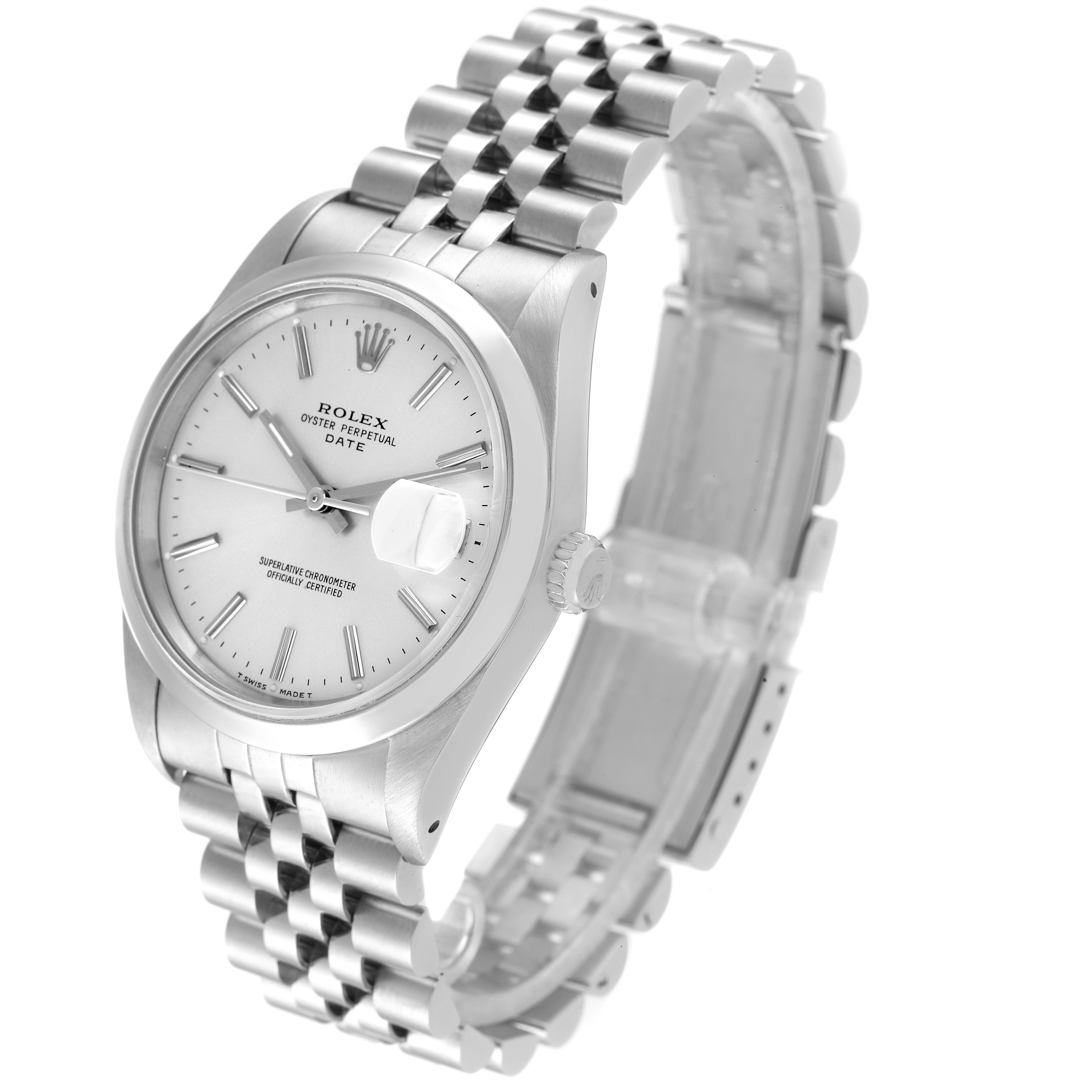 The image shows a Rolex Date 15200 Men
s Stainless Steel Silver Dial 15200 Men
s Stainless Steel Silver Dial model watch at an angle, highlighting its face, bracelet, and crown.