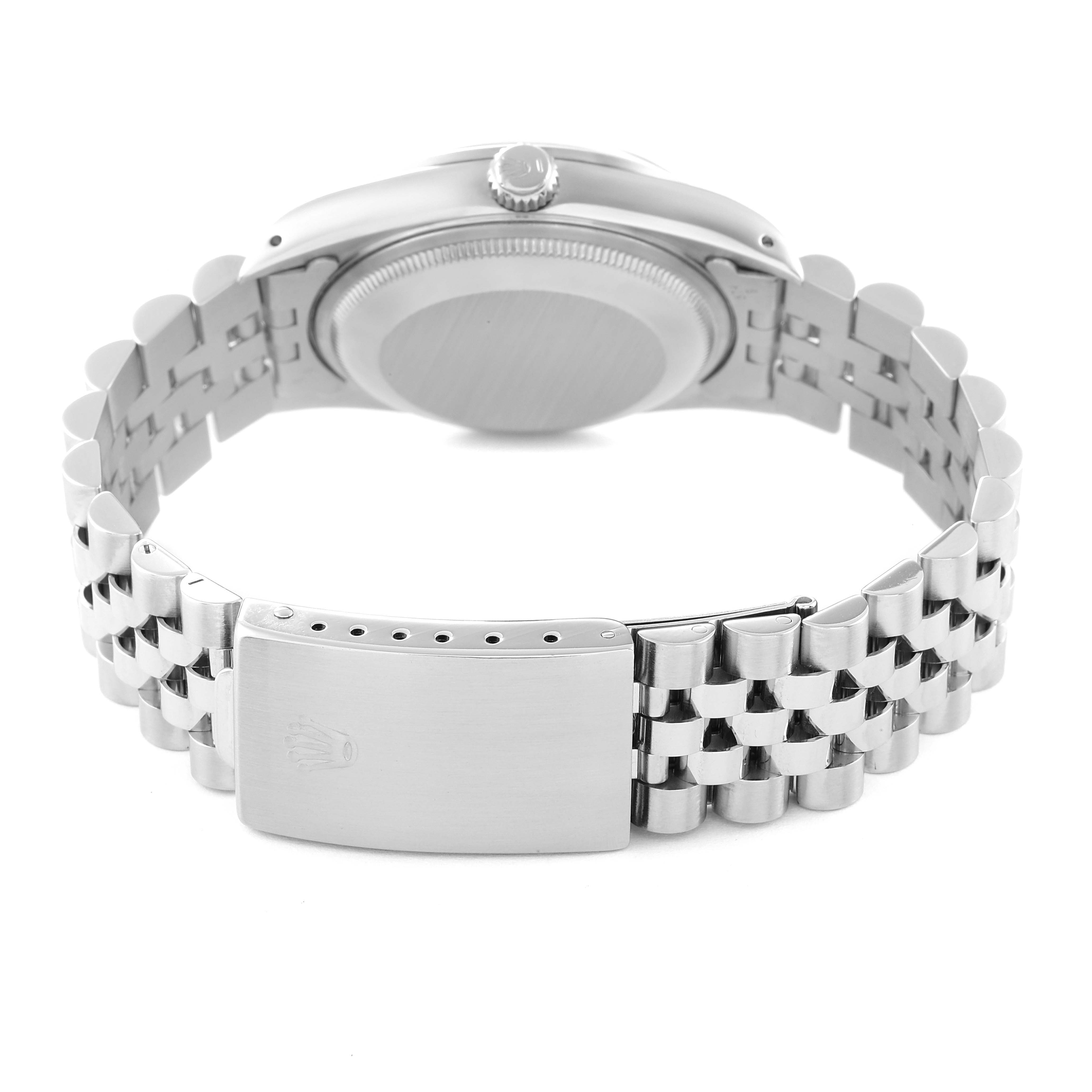 The image shows the back view of a Rolex Date 15200 Men
s Stainless Steel Silver Dial 15200 Men
s Stainless Steel Silver Dial model watch, highlighting the case back, crown, and bracelet with a clasp.