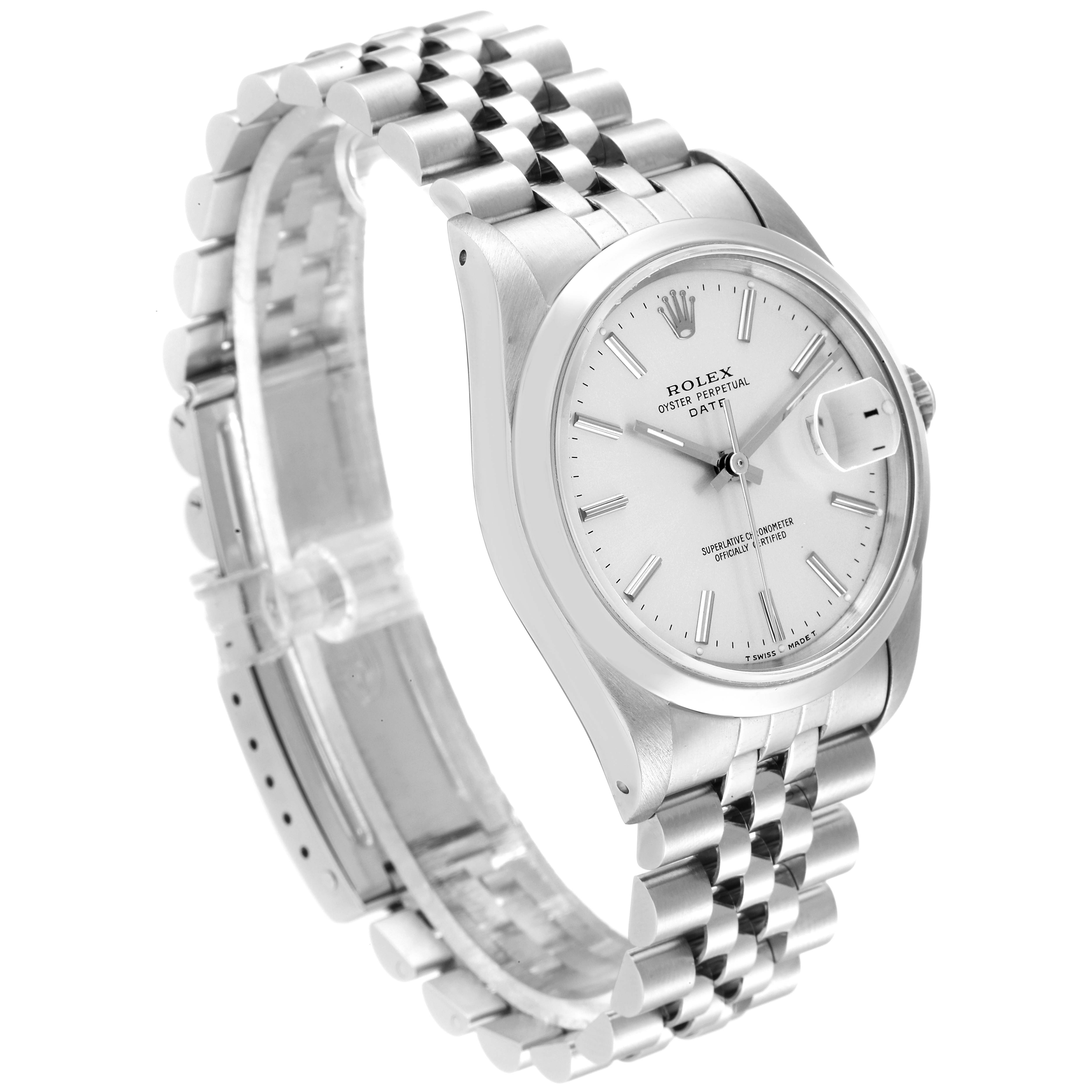 The image shows a side angle of a Rolex Date 15200 Men
s Stainless Steel Silver Dial 15200 Men
s Stainless Steel Silver Dial model, highlighting its silver dial, bracelet, and deployment clasp.
