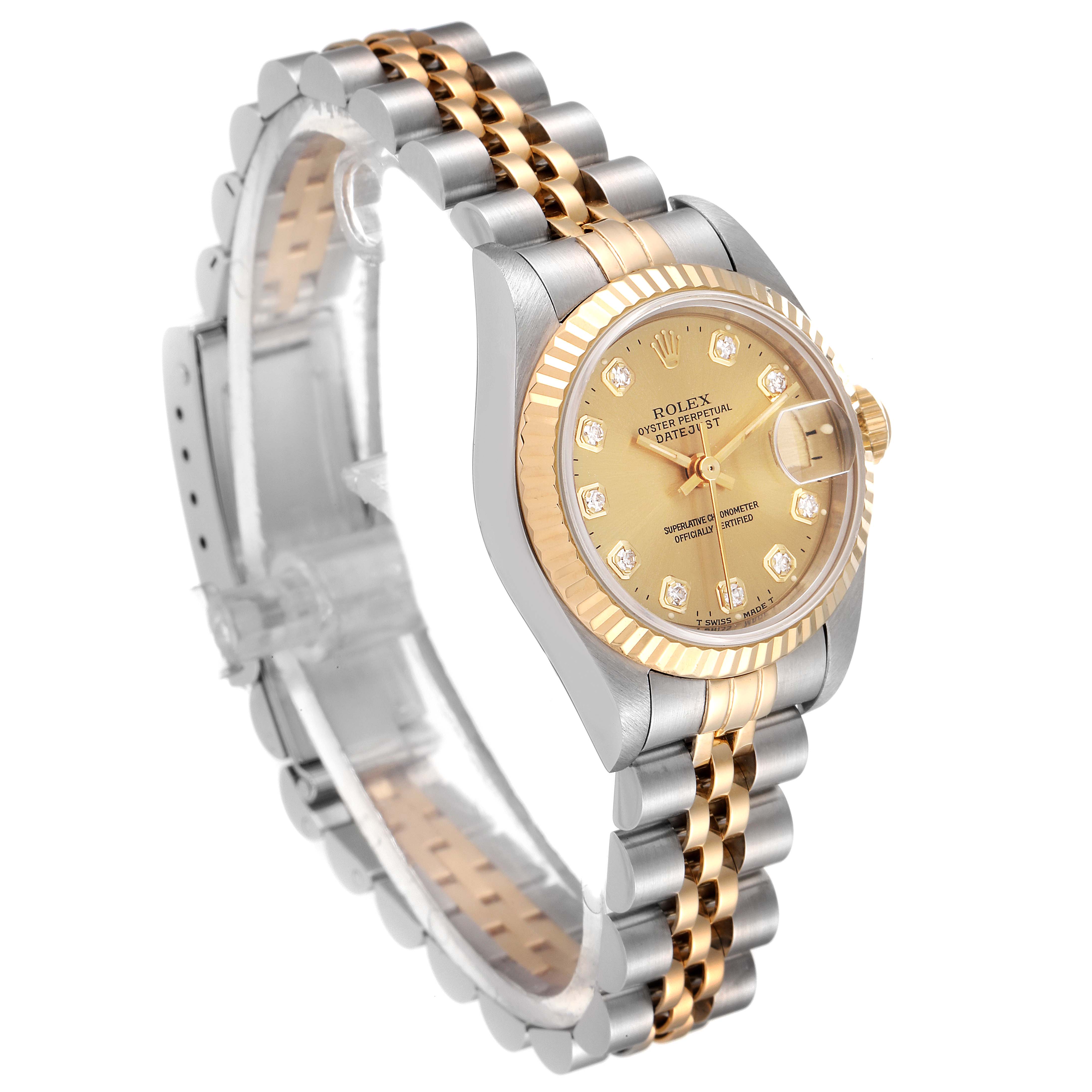 This is a Rolex Datejust 69173 Women's Steel and Gold (two tone) Champagne Dial 69173 Women's Steel and Gold (two tone) Champagne Dial watch shown at a three-quarter angle, displaying its two-tone bracelet and diamond index dial.