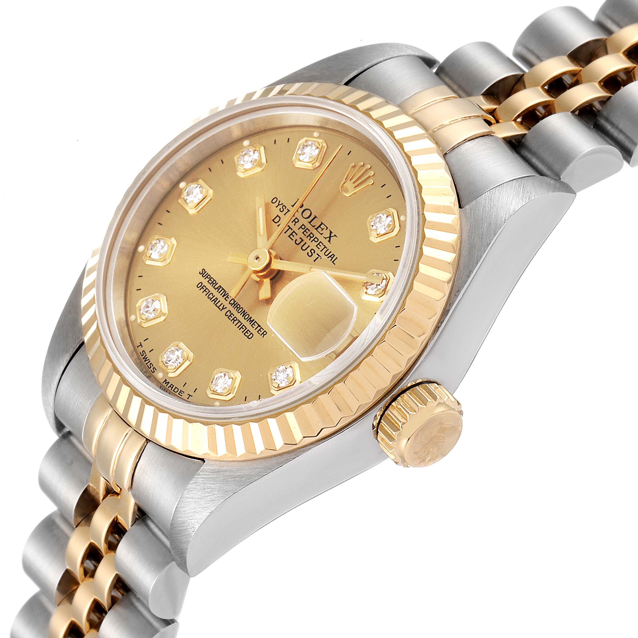 The image shows a Rolex Datejust 69173 Women's Steel and Gold (two tone) Champagne Dial 69173 Women's Steel and Gold (two tone) Champagne Dial angled from the right side, highlighting the gold dial, crown, and two-tone bracelet.