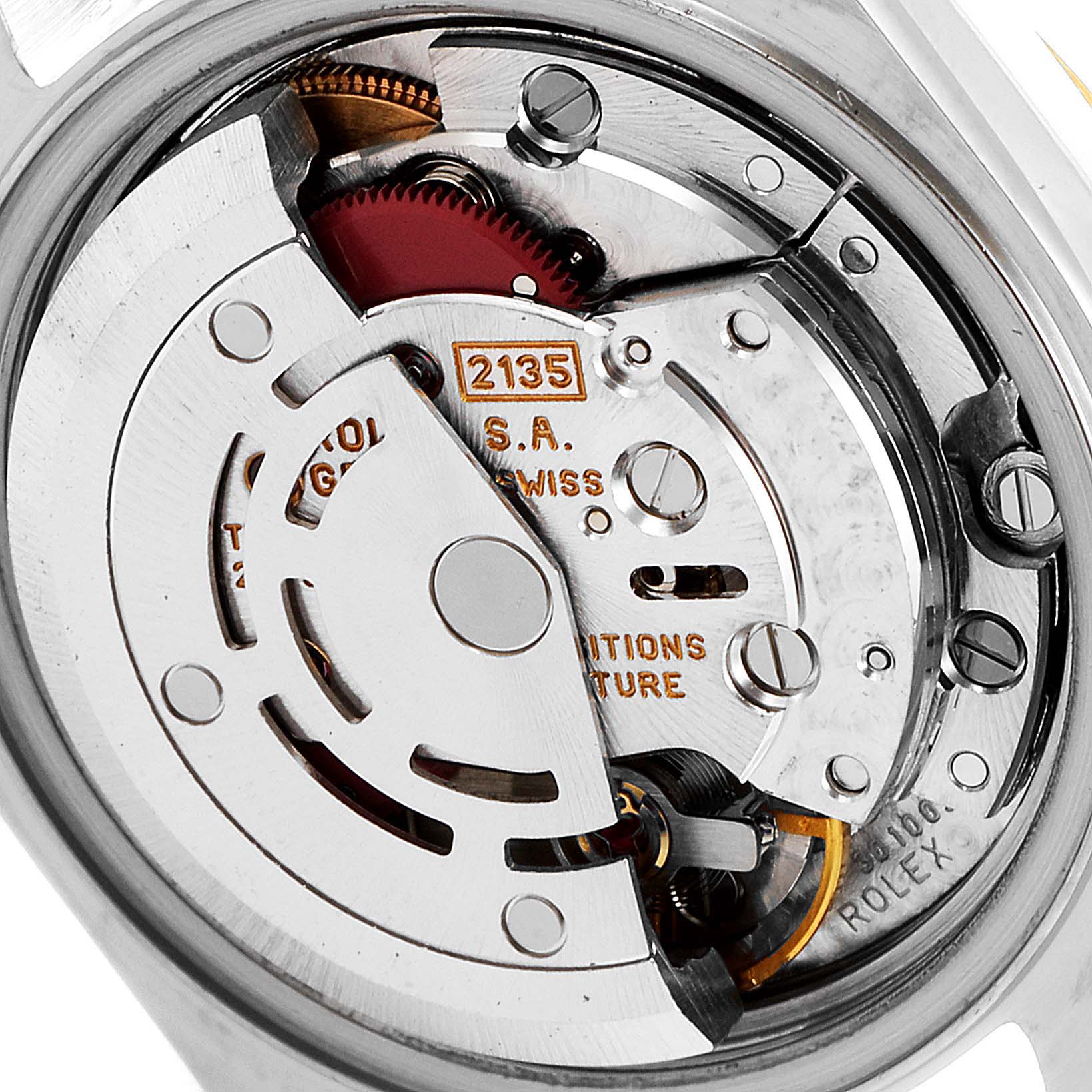 The image shows the internal mechanical movement of a Rolex Datejust 69173 Women's Steel and Gold (two tone) Champagne Dial 69173 Women's Steel and Gold (two tone) Champagne Dial watch, focusing on the rotor and gear assembly.