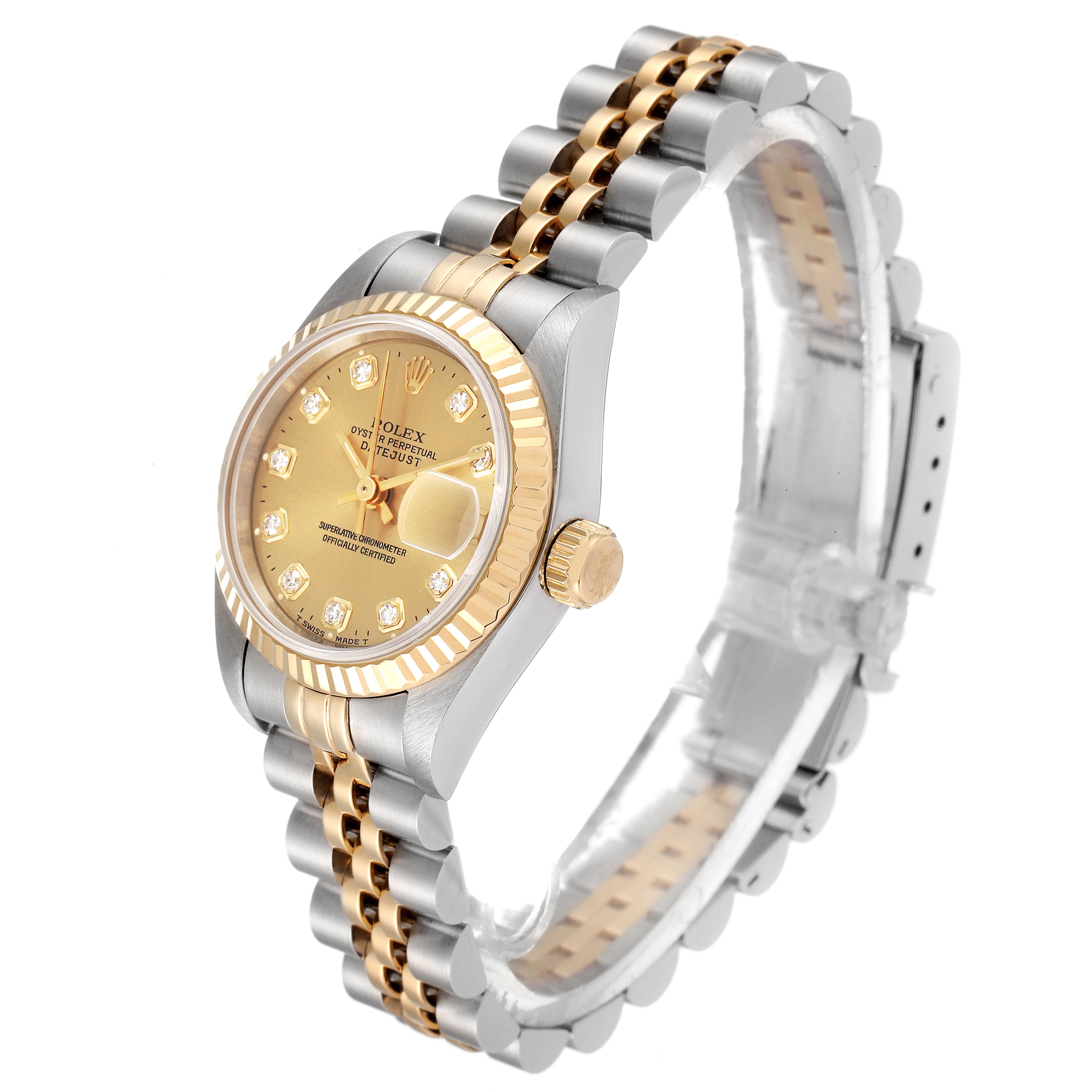 The Rolex Datejust 69173 Women's Steel and Gold (two tone) Champagne Dial 69173 Women's Steel and Gold (two tone) Champagne Dial watch is shown at a three-quarter angle, highlighting the dial, bezel, and bracelet.