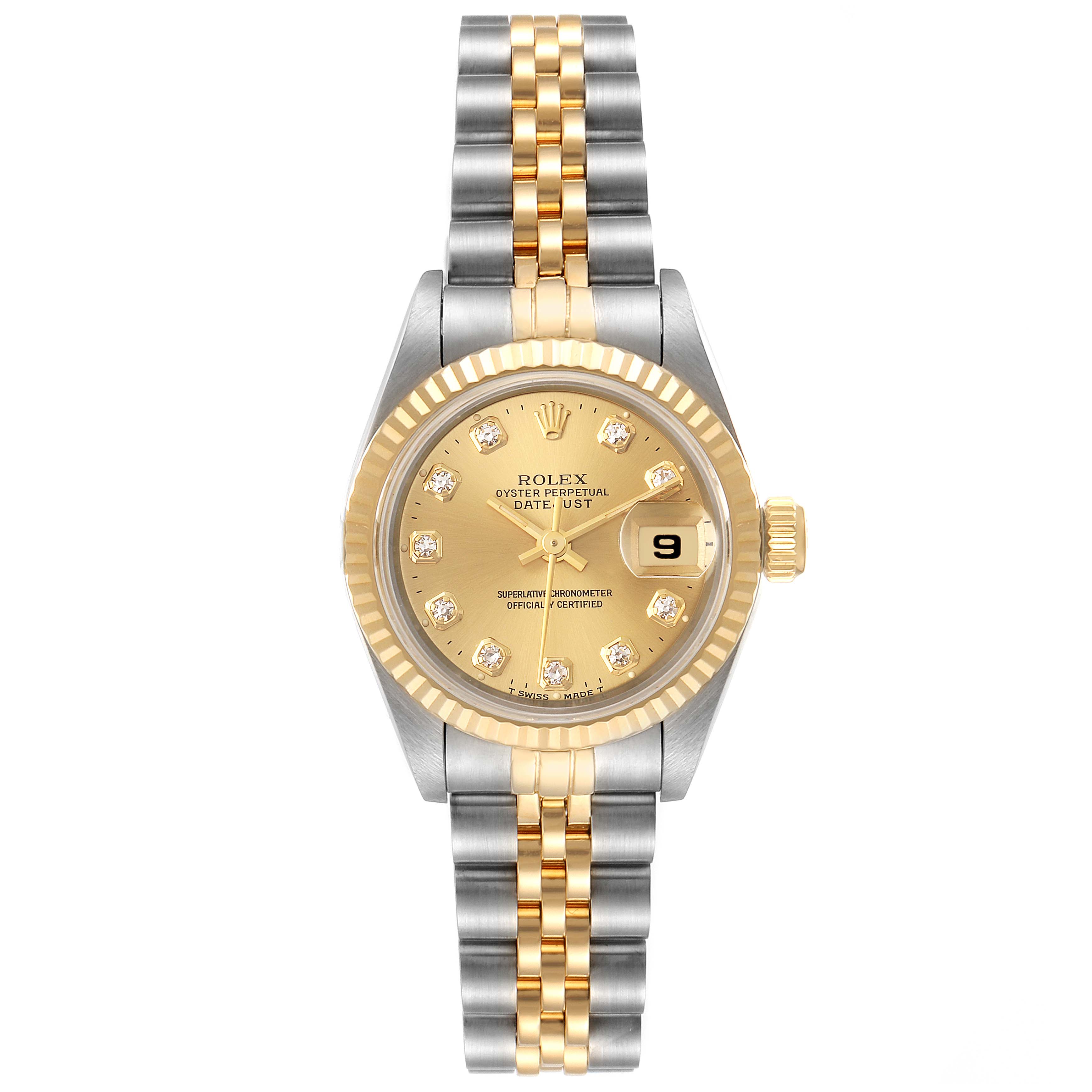 The Rolex Datejust 69173 Women's Steel and Gold (two tone) Champagne Dial 69173 Women's Steel and Gold (two tone) Champagne Dial watch is shown from the front, displaying its two-tone bracelet, gold dial, and date complication.