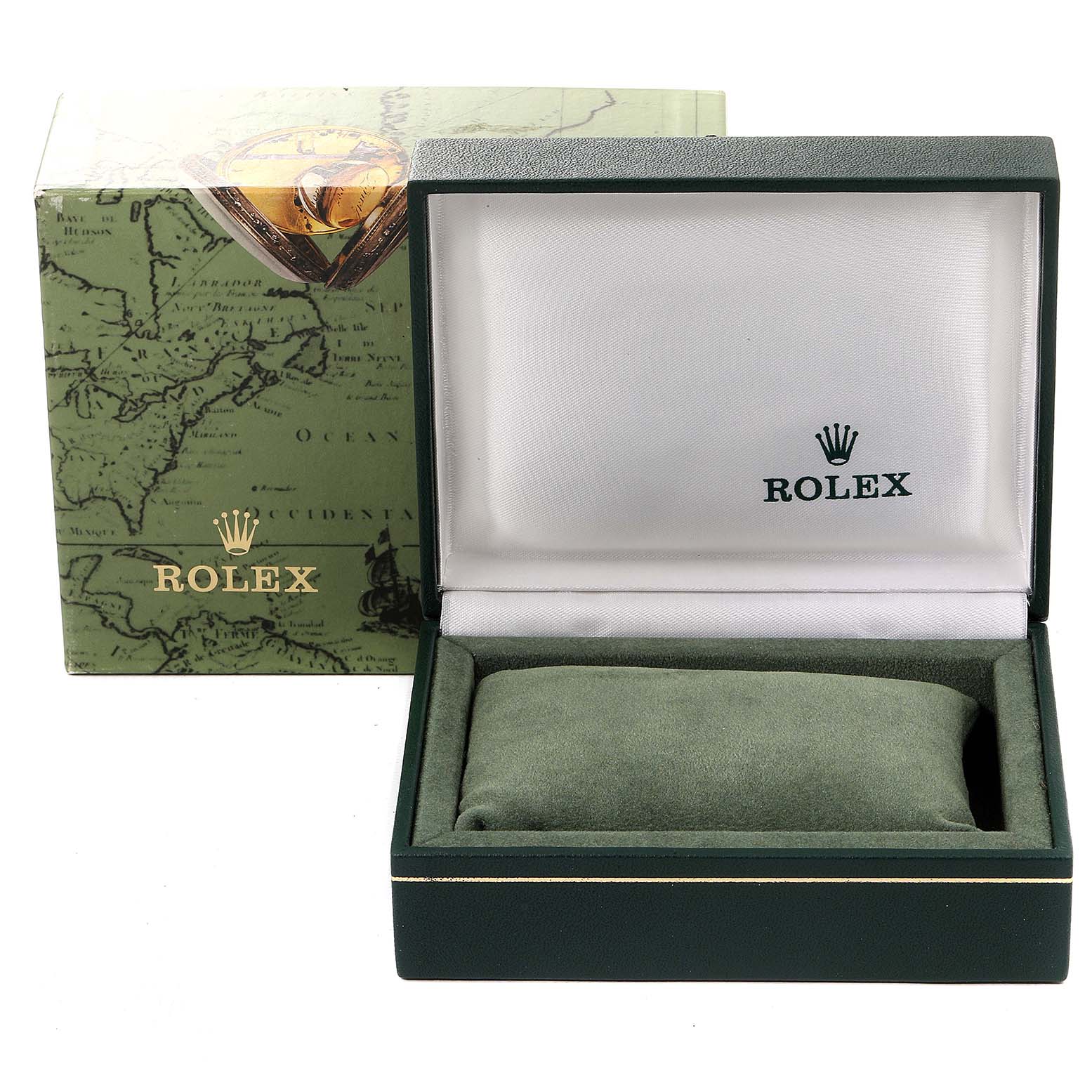 The image shows a green Rolex Datejust 69173 Women's Steel and Gold (two tone) Champagne Dial 69173 Women's Steel and Gold (two tone) Champagne Dial watch box with the lid open, revealing its interior and a green cushion for the watch.
