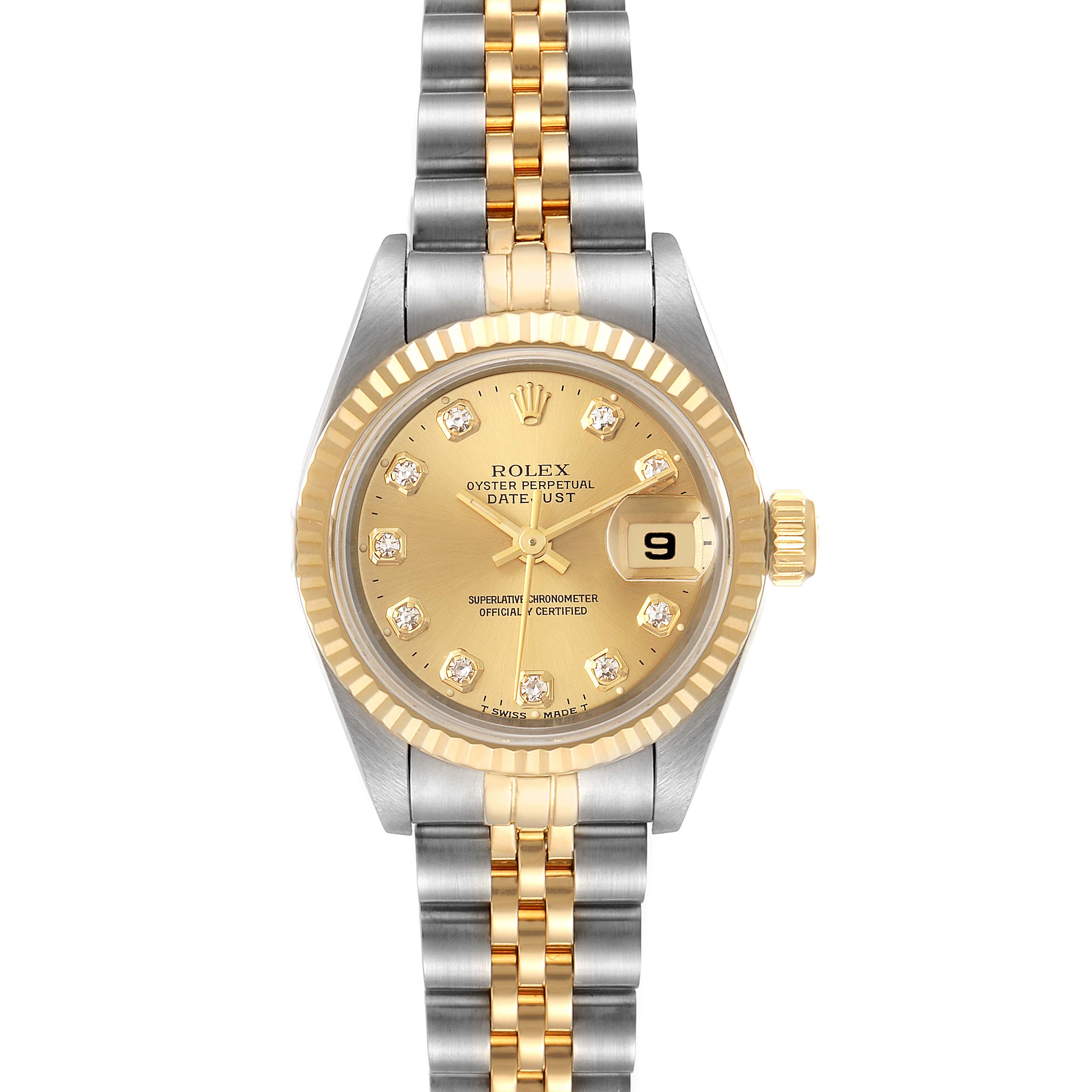 The image shows a front view of the Rolex Datejust 69173 Women's Steel and Gold (two tone) Champagne Dial 69173 Women's Steel and Gold (two tone) Champagne Dial watch, highlighting the dial, bezel, and two-tone bracelet.