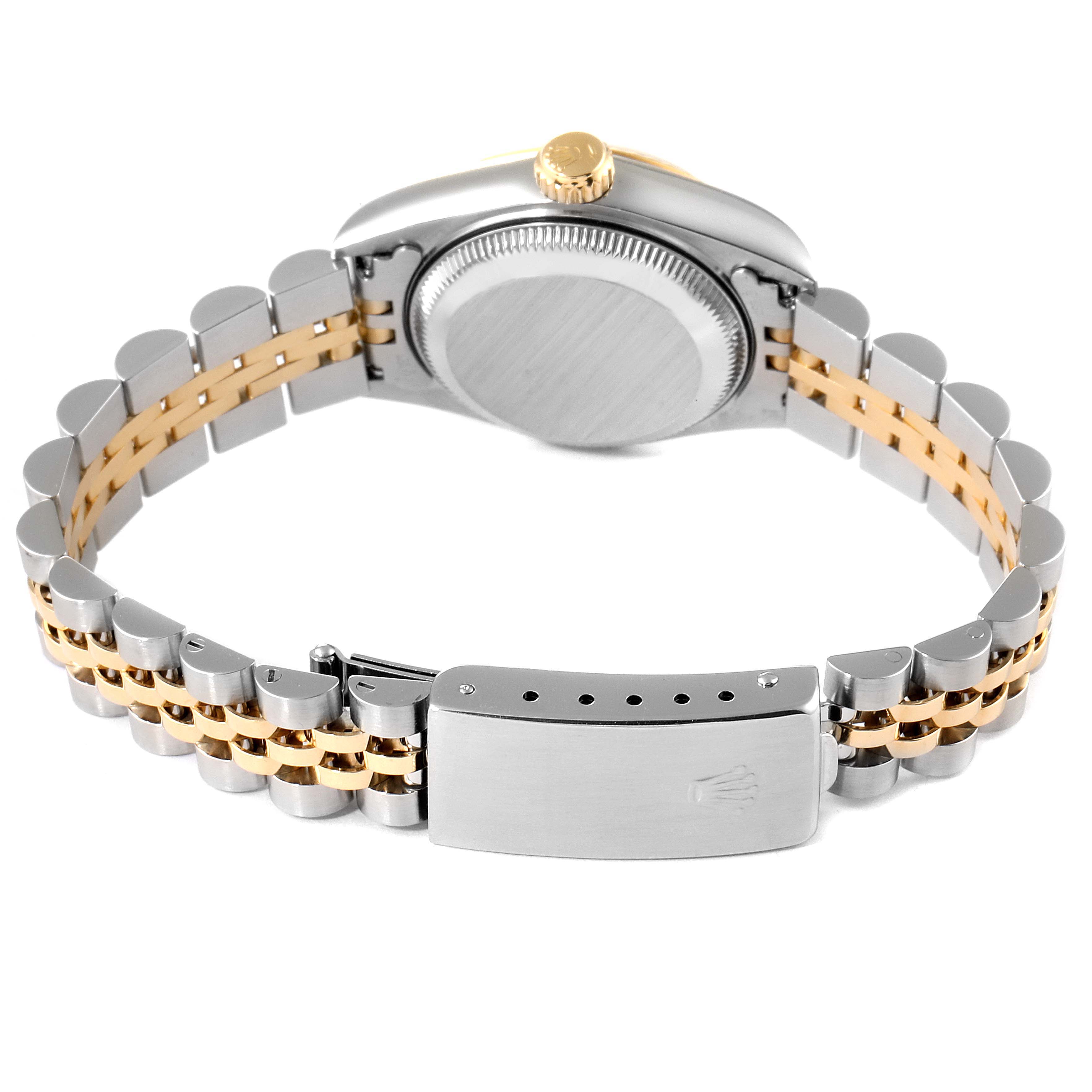 The image shows the back view of a Rolex Datejust 69173 Women's Steel and Gold (two tone) Champagne Dial 69173 Women's Steel and Gold (two tone) Champagne Dial watch case and the two-tone bracelet with the clasp visible.