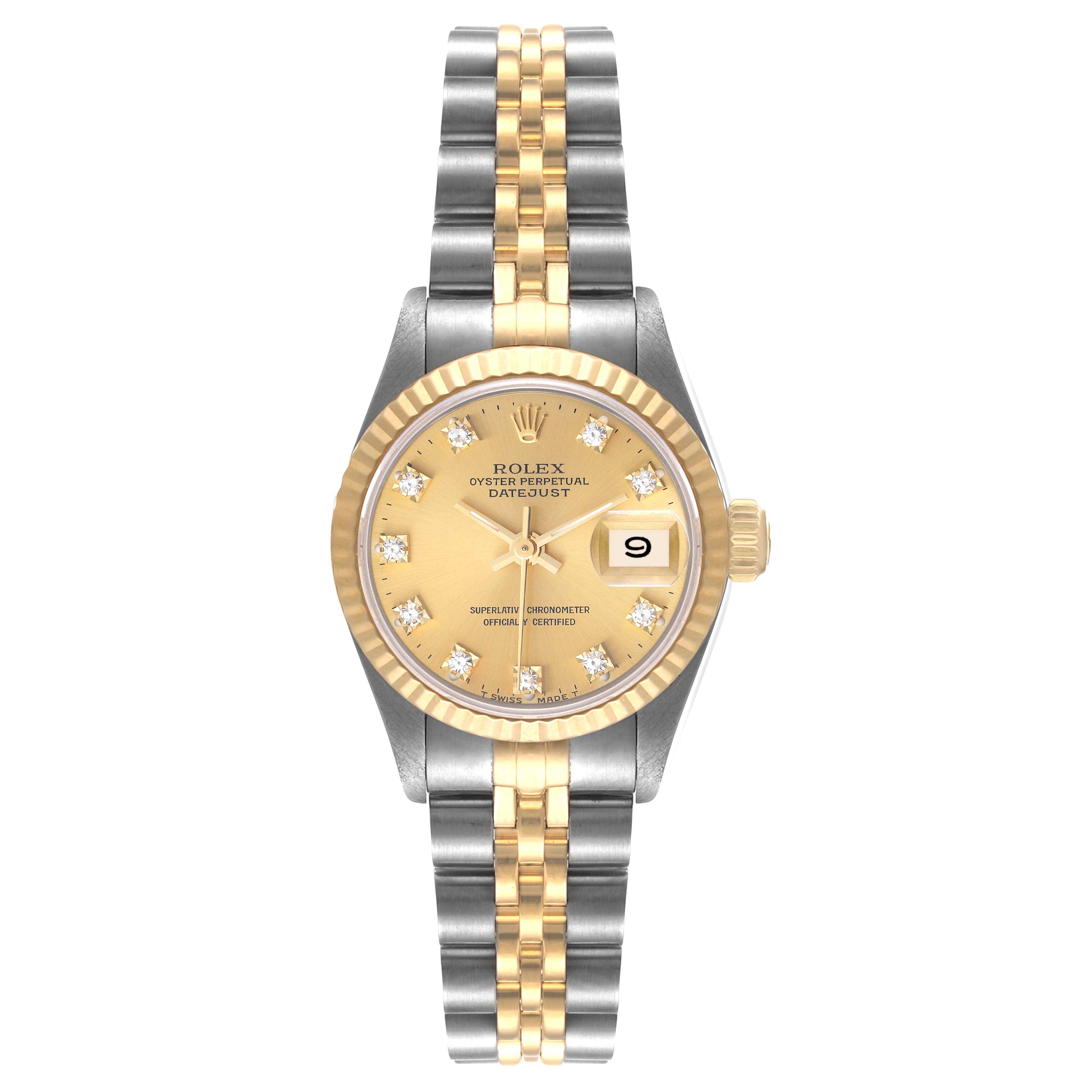 This image shows a Rolex Datejust 69173 Women's Steel and Gold (two tone) Champagne Dial 69173 Women's Steel and Gold (two tone) Champagne Dial watch from a front angle, displaying its dial, bezel, bracelet, and date window.