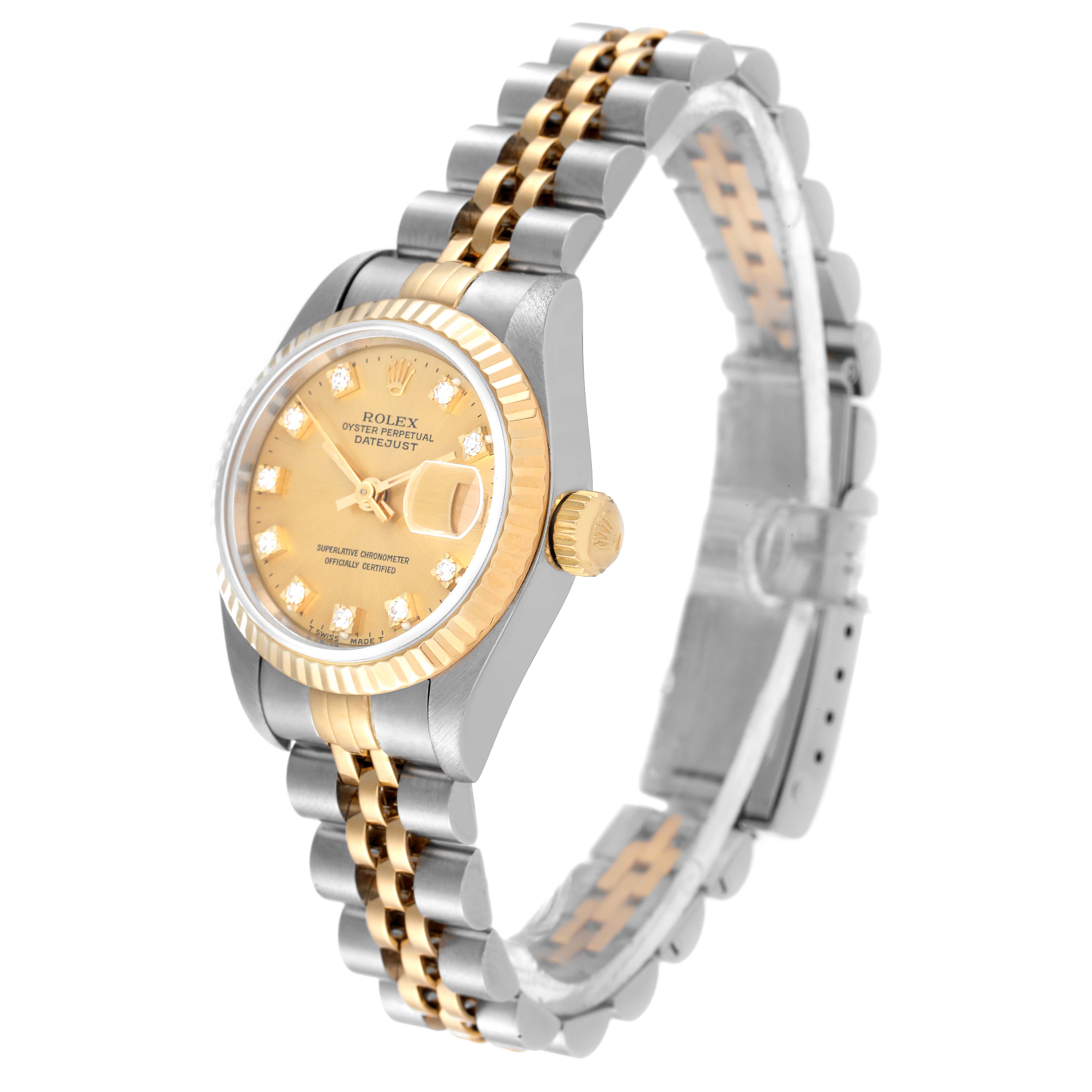 The image shows a Rolex Datejust 69173 Women's Steel and Gold (two tone) Champagne Dial 69173 Women's Steel and Gold (two tone) Champagne Dial watch at a three-quarter angle, highlighting its dial, bezel, and bracelet.