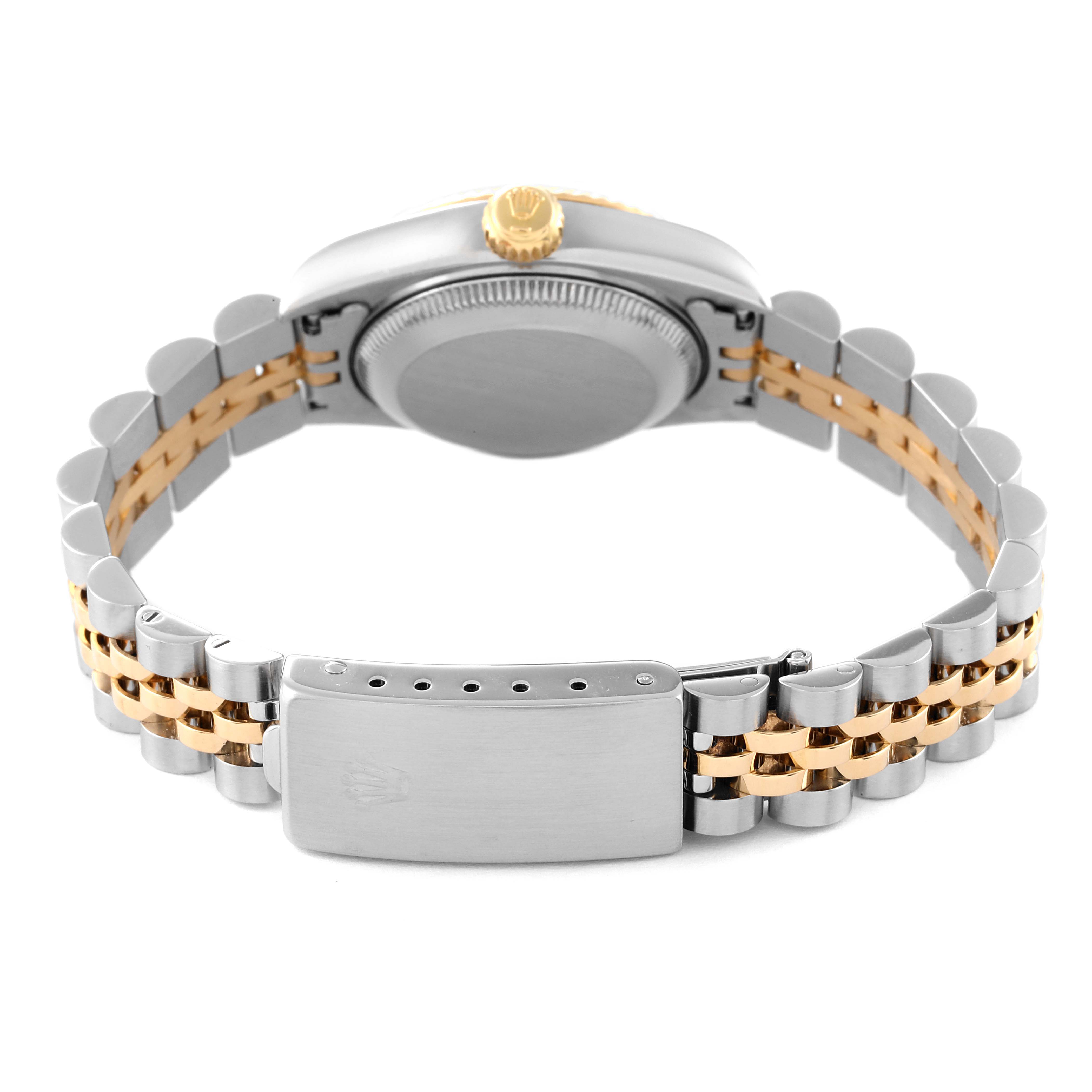 This image shows the back view of a Rolex Datejust 69173 Women's Steel and Gold (two tone) Champagne Dial 69173 Women's Steel and Gold (two tone) Champagne Dial watch, highlighting the bracelet and clasp.