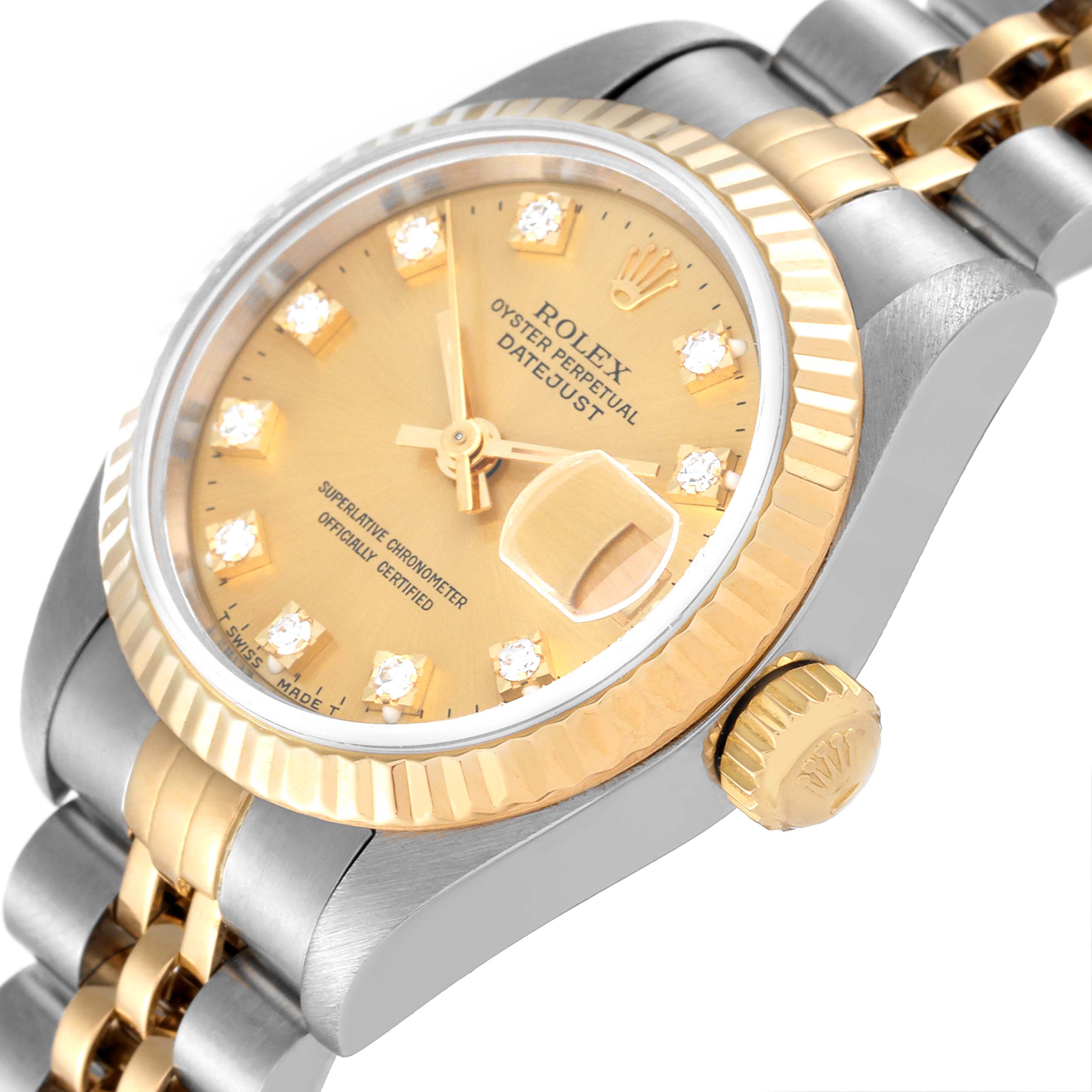 The image shows a close-up angle of a Rolex Datejust 69173 Women's Steel and Gold (two tone) Champagne Dial 69173 Women's Steel and Gold (two tone) Champagne Dial watch, highlighting the dial, crown, and part of the bracelet.