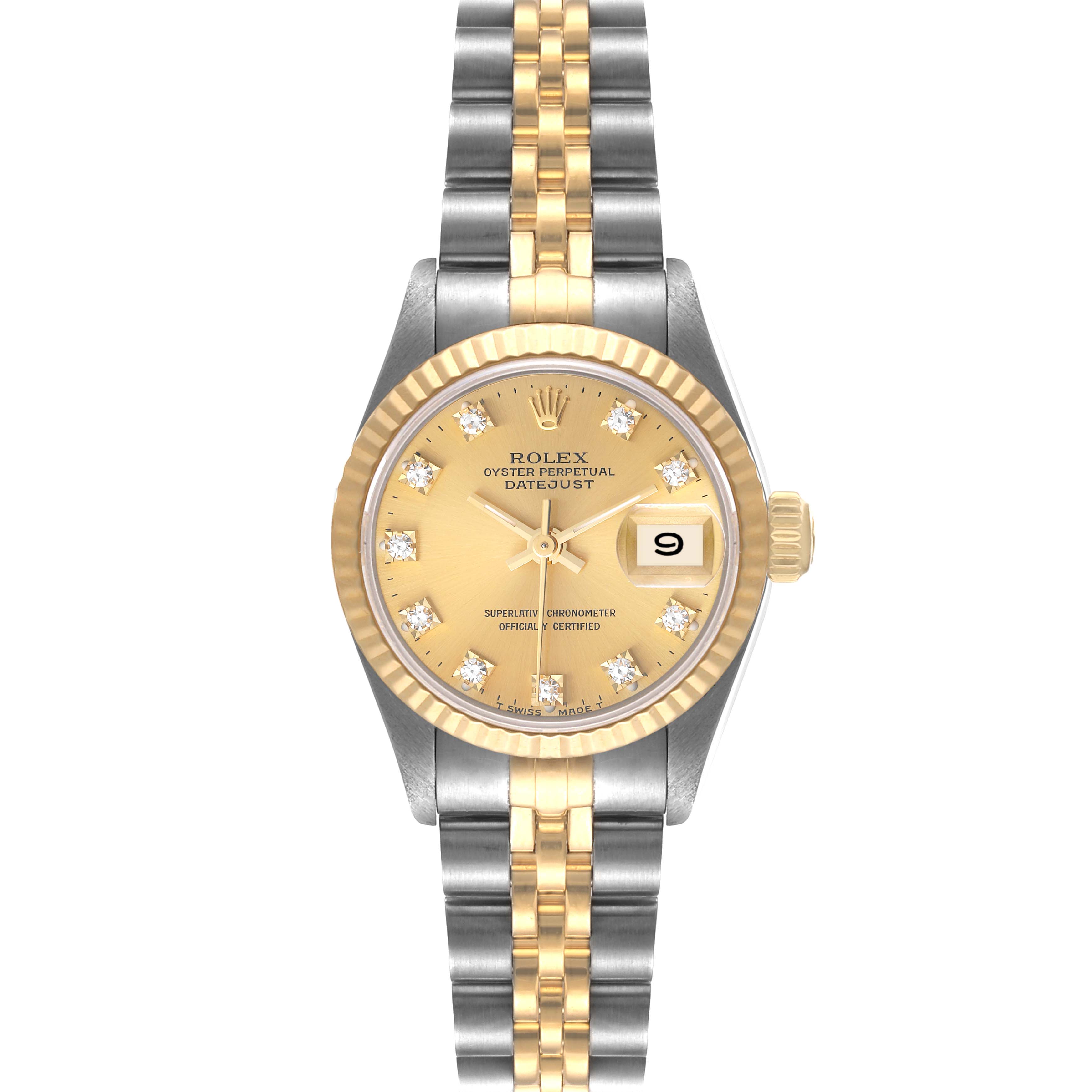 The image shows a front view of a Rolex Datejust 69173 Women's Steel and Gold (two tone) Champagne Dial 69173 Women's Steel and Gold (two tone) Champagne Dial watch, highlighting the dial, bezel, bracelet, and date feature.