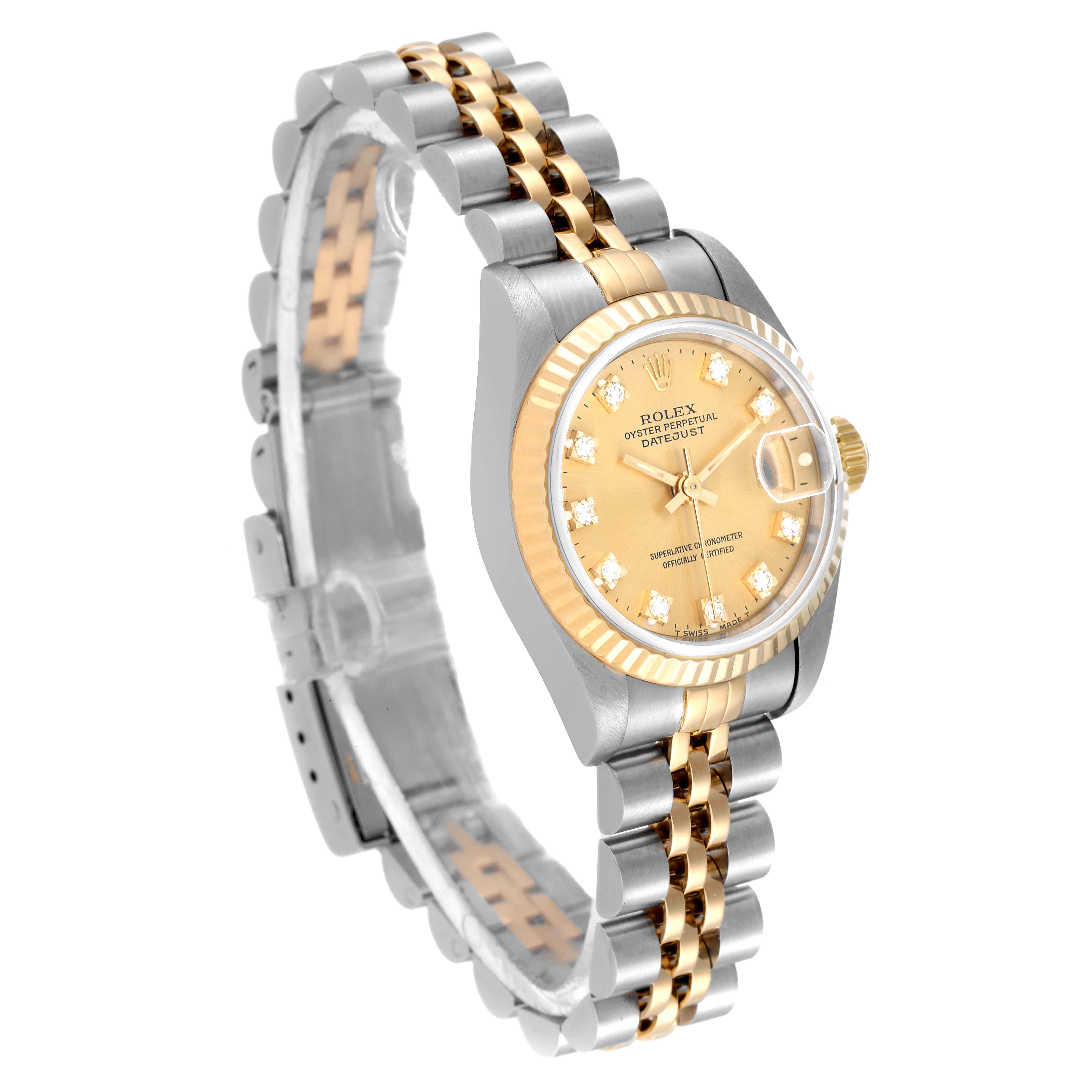 The image shows a Rolex Datejust 69173 Women's Steel and Gold (two tone) Champagne Dial 69173 Women's Steel and Gold (two tone) Champagne Dial watch at a front-side angle, highlighting the dial, bezel, case, and two-tone bracelet.