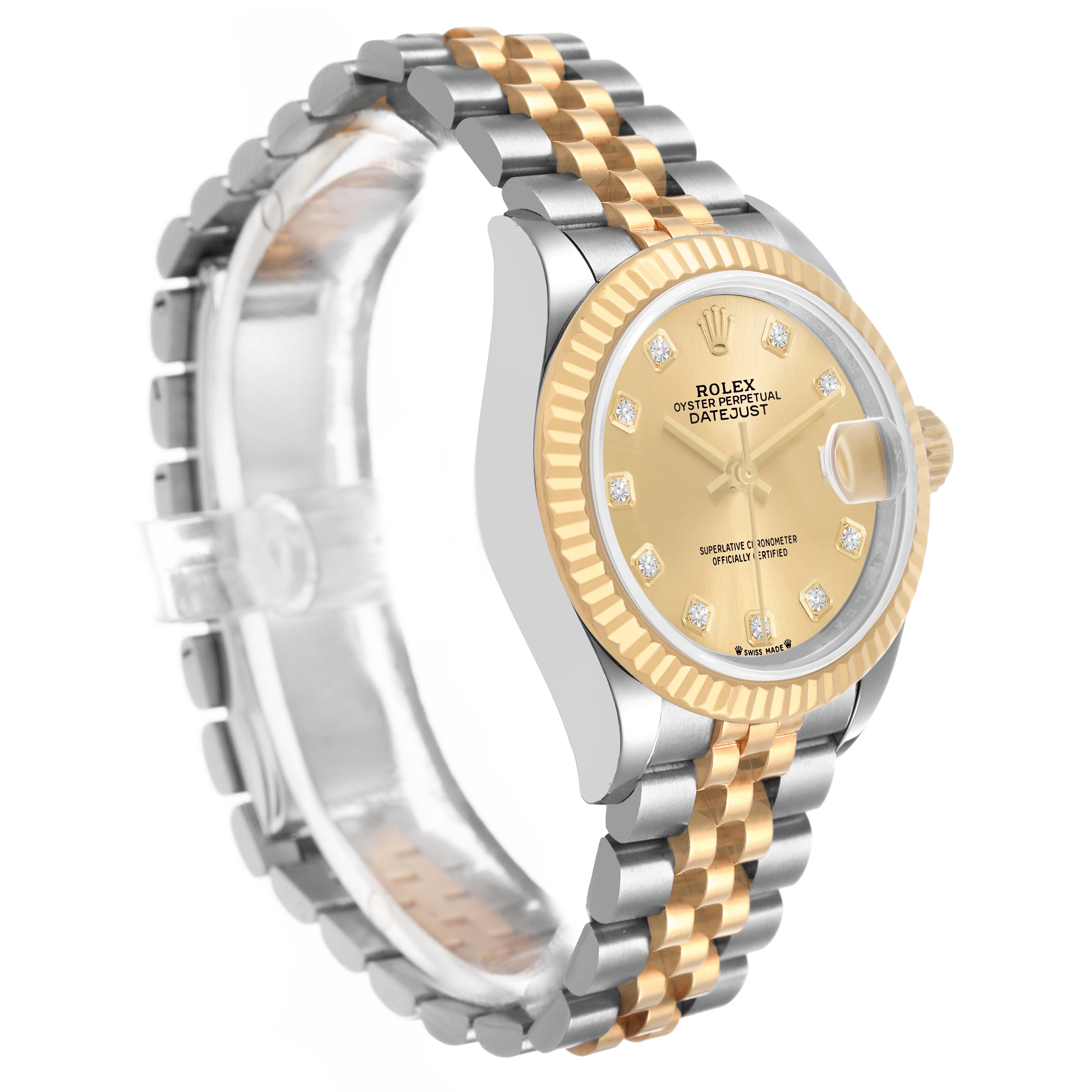 The image shows a Rolex Datejust 279173 Women's Steel and Gold (two tone) Champagne Dial watch at a side angle, highlighting the two-tone bracelet and fluted bezel.