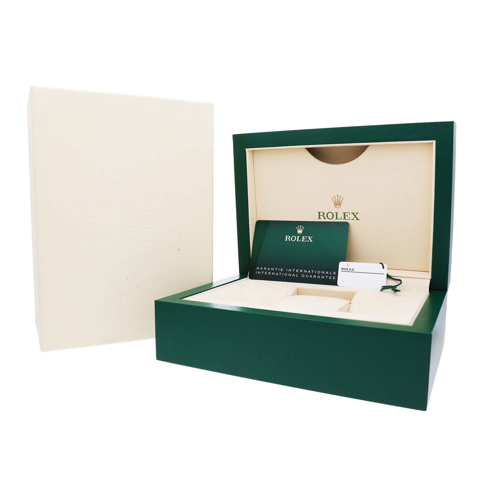 The image shows a Rolex Datejust 279173 Women's Steel and Gold (two tone) Champagne Dial watch box open, revealing warranty cards and a tag.