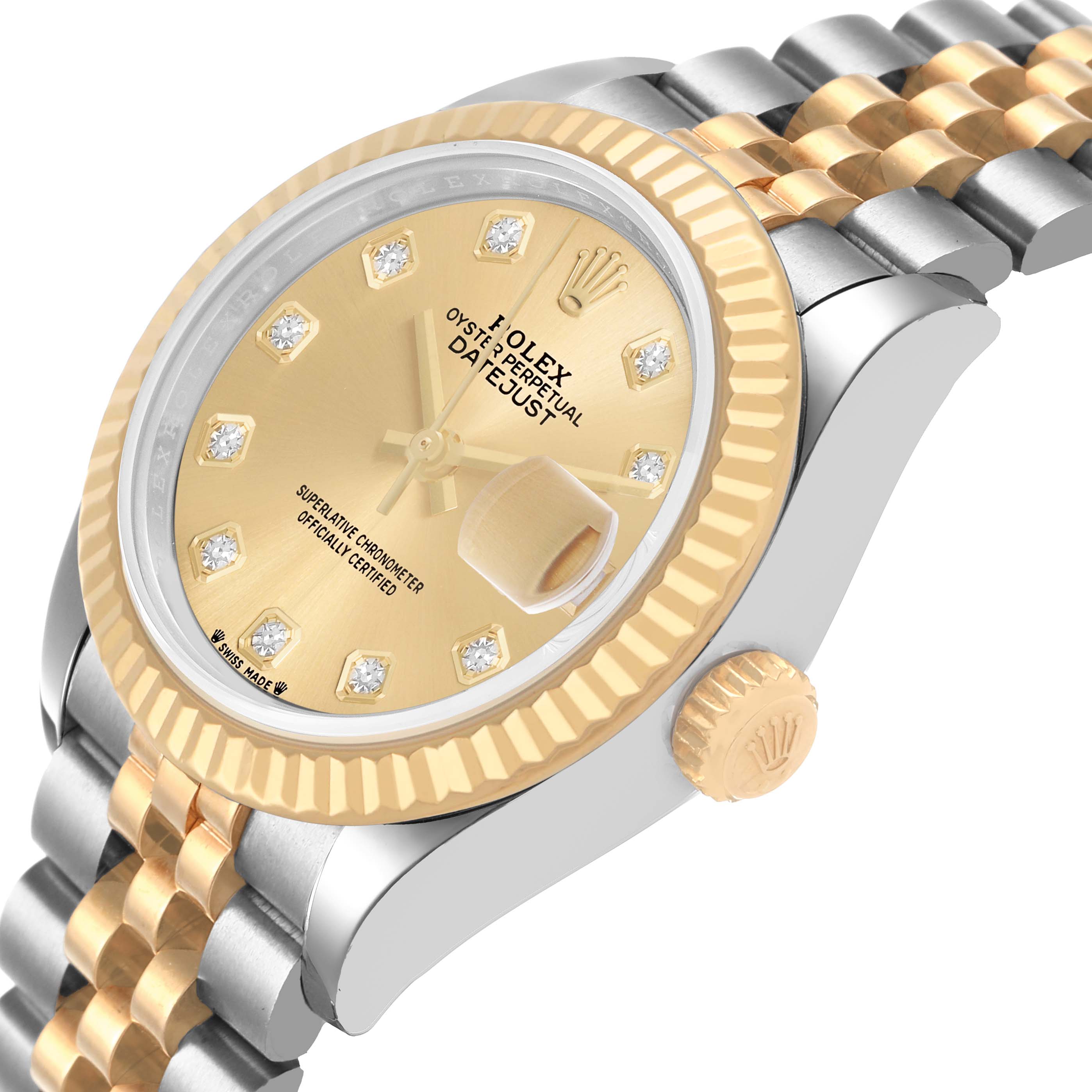 The Rolex Datejust 279173 Women's Steel and Gold (two tone) Champagne Dial watch is shown at a three-quarter angle, highlighting the face, bezel, crown, and bracelet.