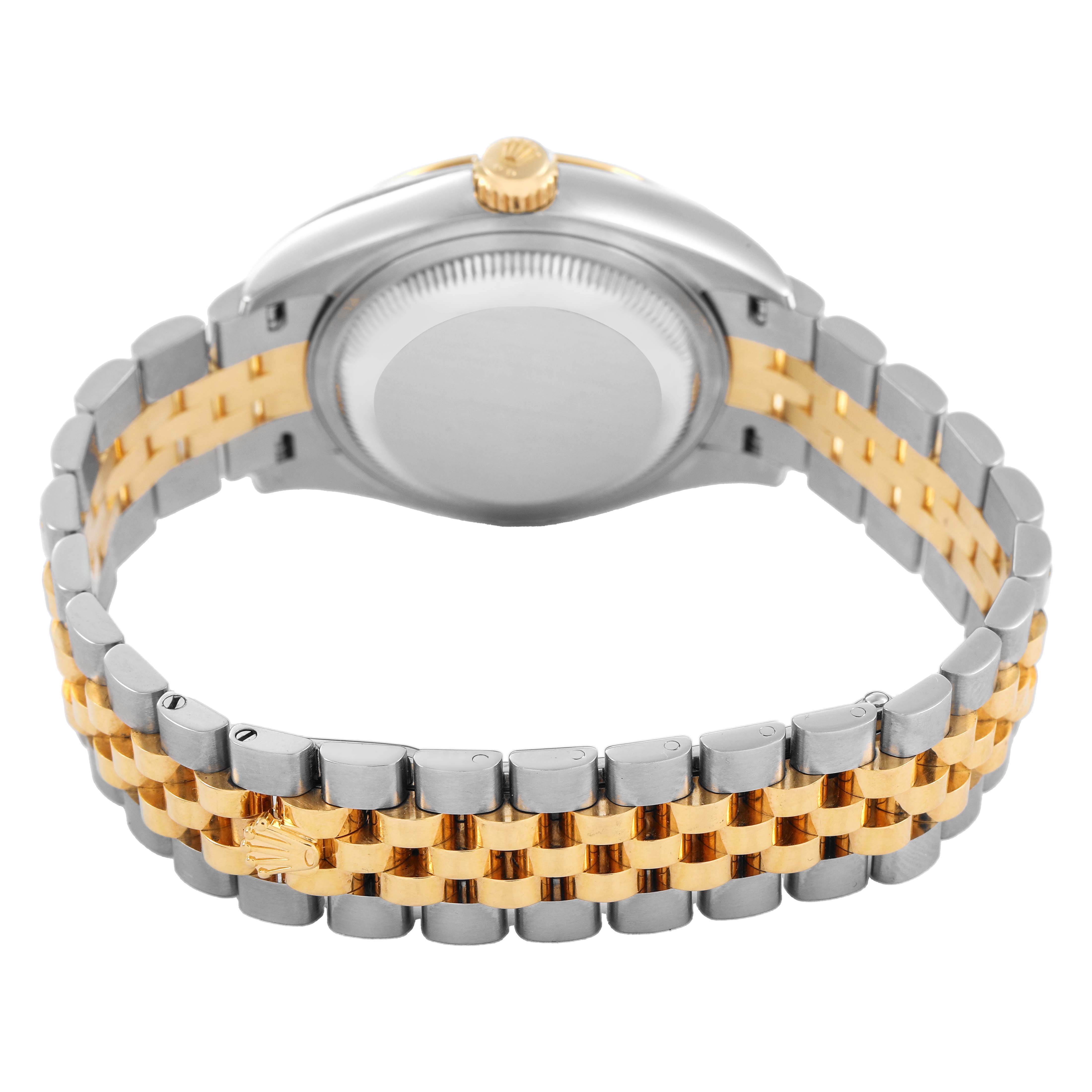 The image shows the back side of a Rolex Datejust 279173 Women's Steel and Gold (two tone) Champagne Dial watch, highlighting the bracelet and clasp in two-tone metal.