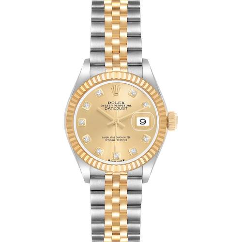 The Rolex Datejust 279173 Women's Steel and Gold (two tone) Champagne Dial watch is shown from a top-down angle, displaying the dial, bezel, and bracelet.