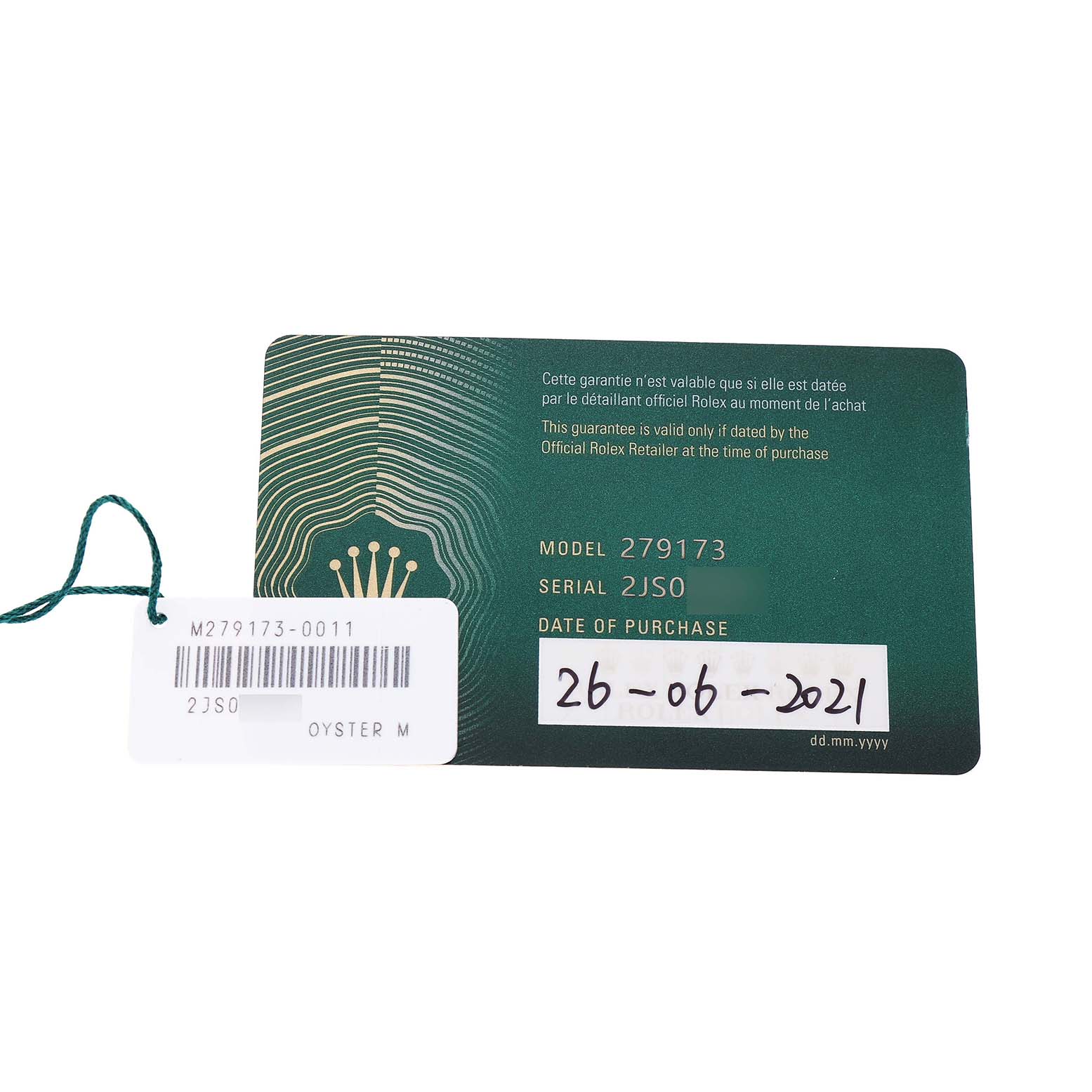 The image shows a warranty card and tag for a Rolex Datejust 279173 Women's Steel and Gold (two tone) Champagne Dial, displaying model, serial number, and purchase date.