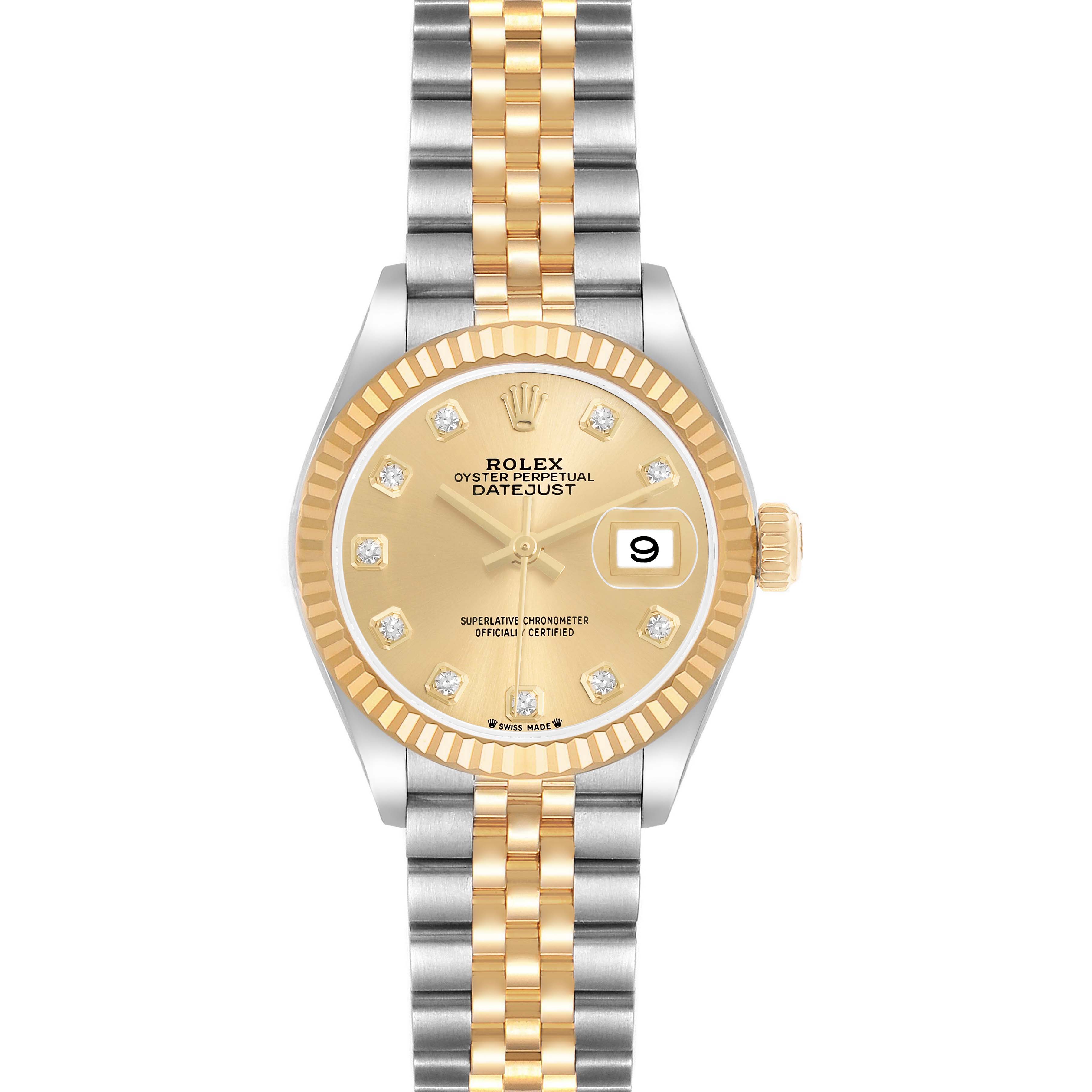 The Rolex Datejust 279173 Women's Steel and Gold (two tone) Champagne Dial watch is shown from the front, highlighting the gold dial, diamond markers, date window, bezel, and two-tone bracelet.
