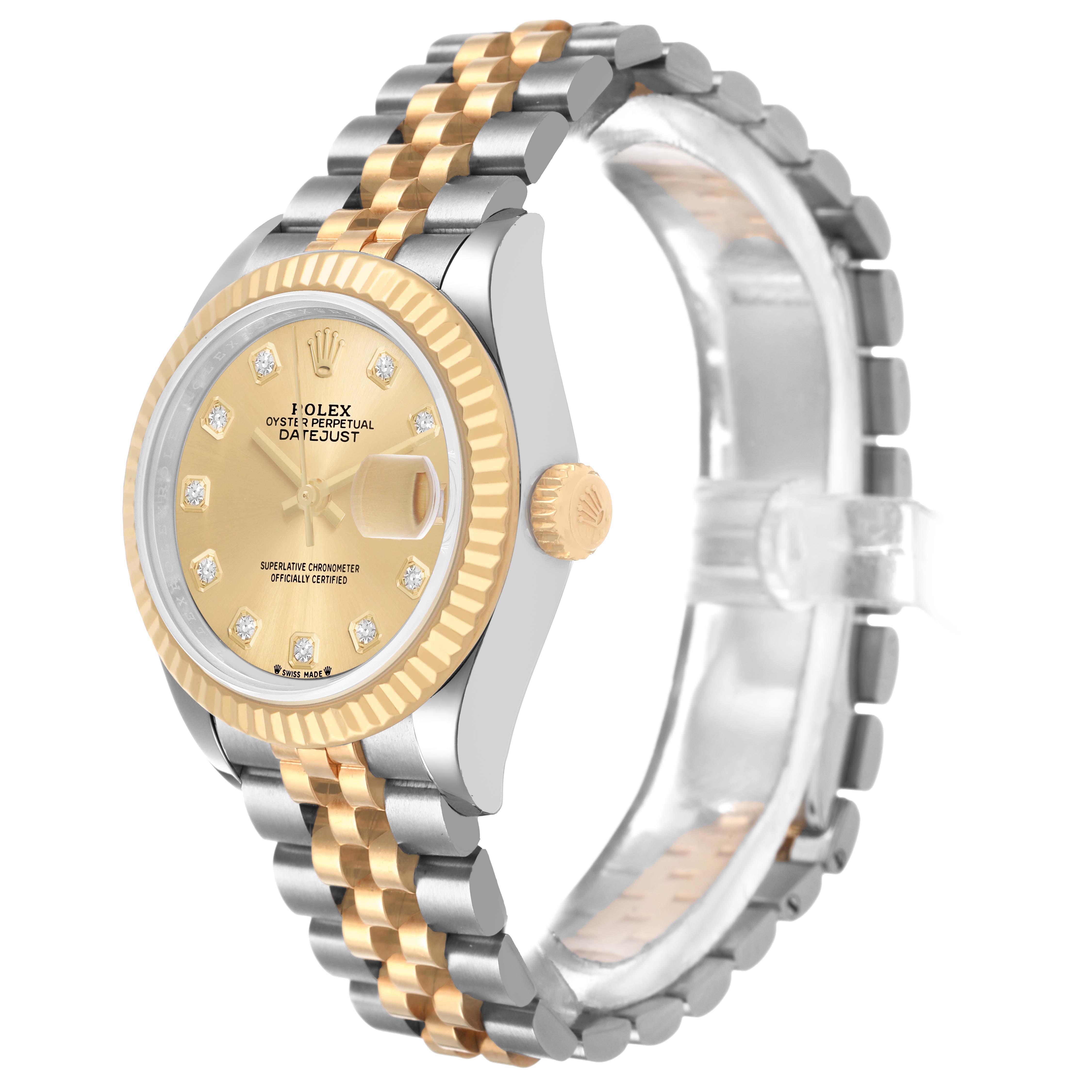 The Rolex Datejust 279173 Women's Steel and Gold (two tone) Champagne Dial watch is shown at a slight angle, highlighting the gold and silver bracelet, crown, and diamond markers on the dial.