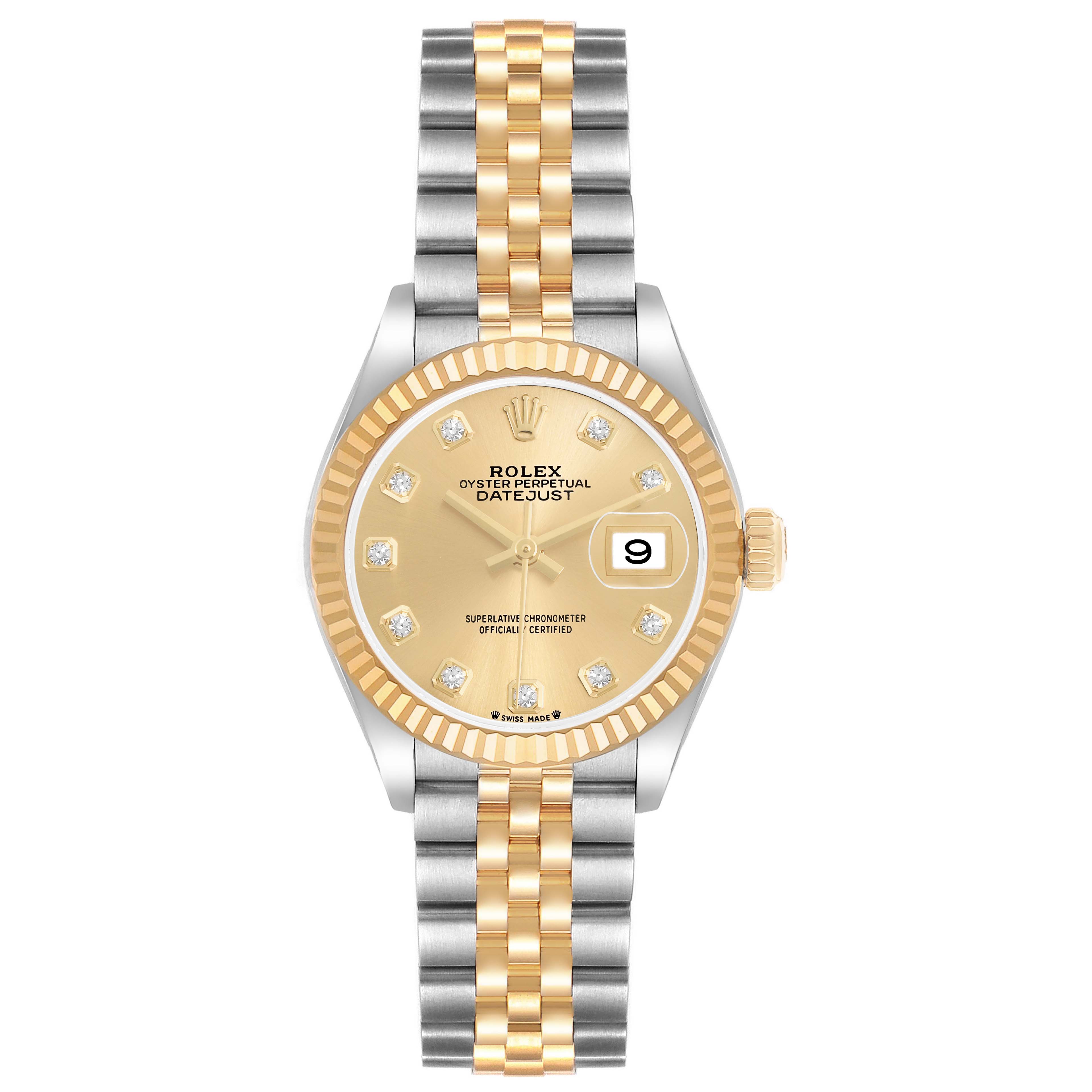 The image shows a front view of a Rolex Datejust 279173 Women's Steel and Gold (two tone) Champagne Dial, highlighting the dial, bezel, crown, and Jubilee bracelet.