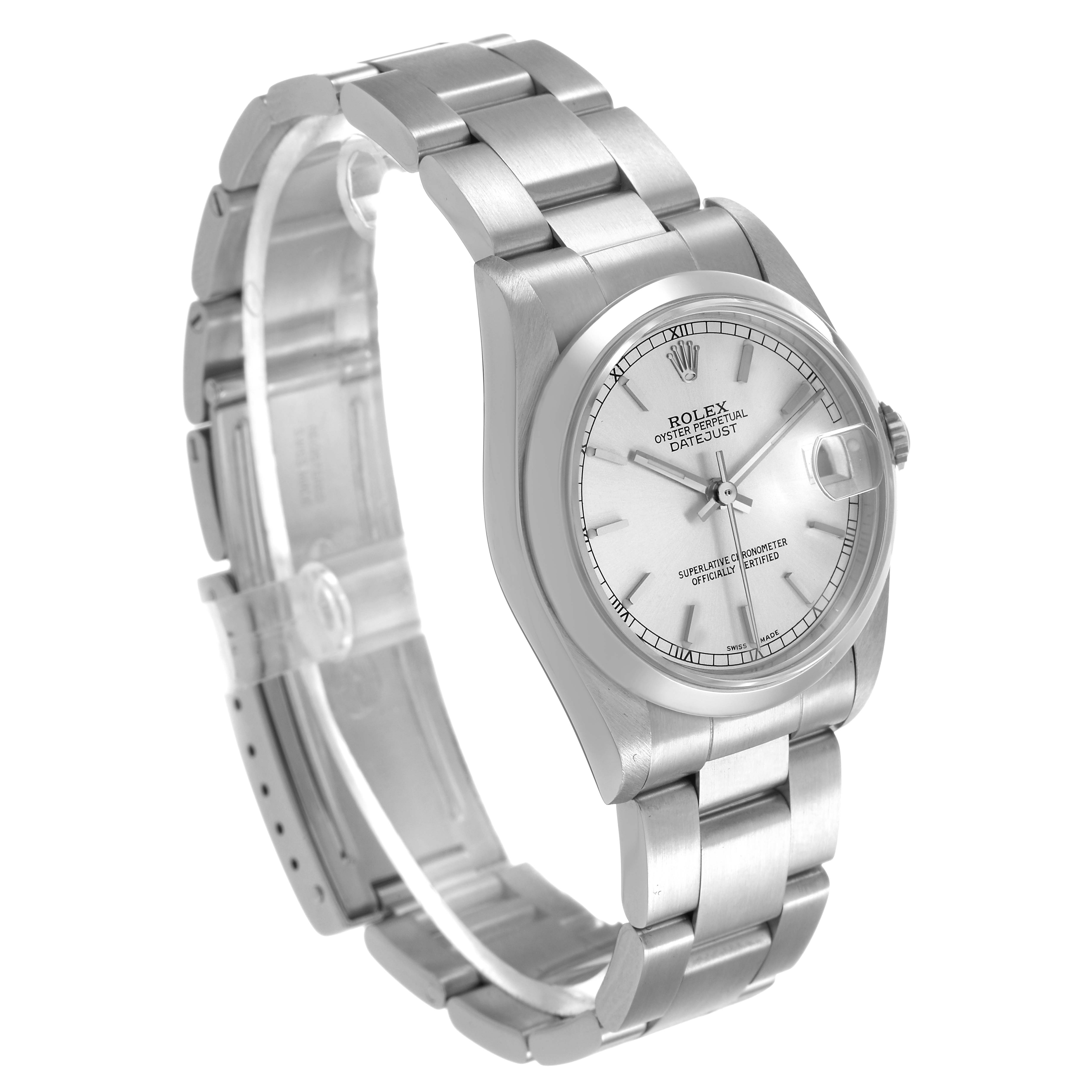 The Rolex Mid-Size 78240 Women's Stainless Steel Silver Dial watch is shown at a left-side angle displaying the face, bezel, and part of the bracelet.