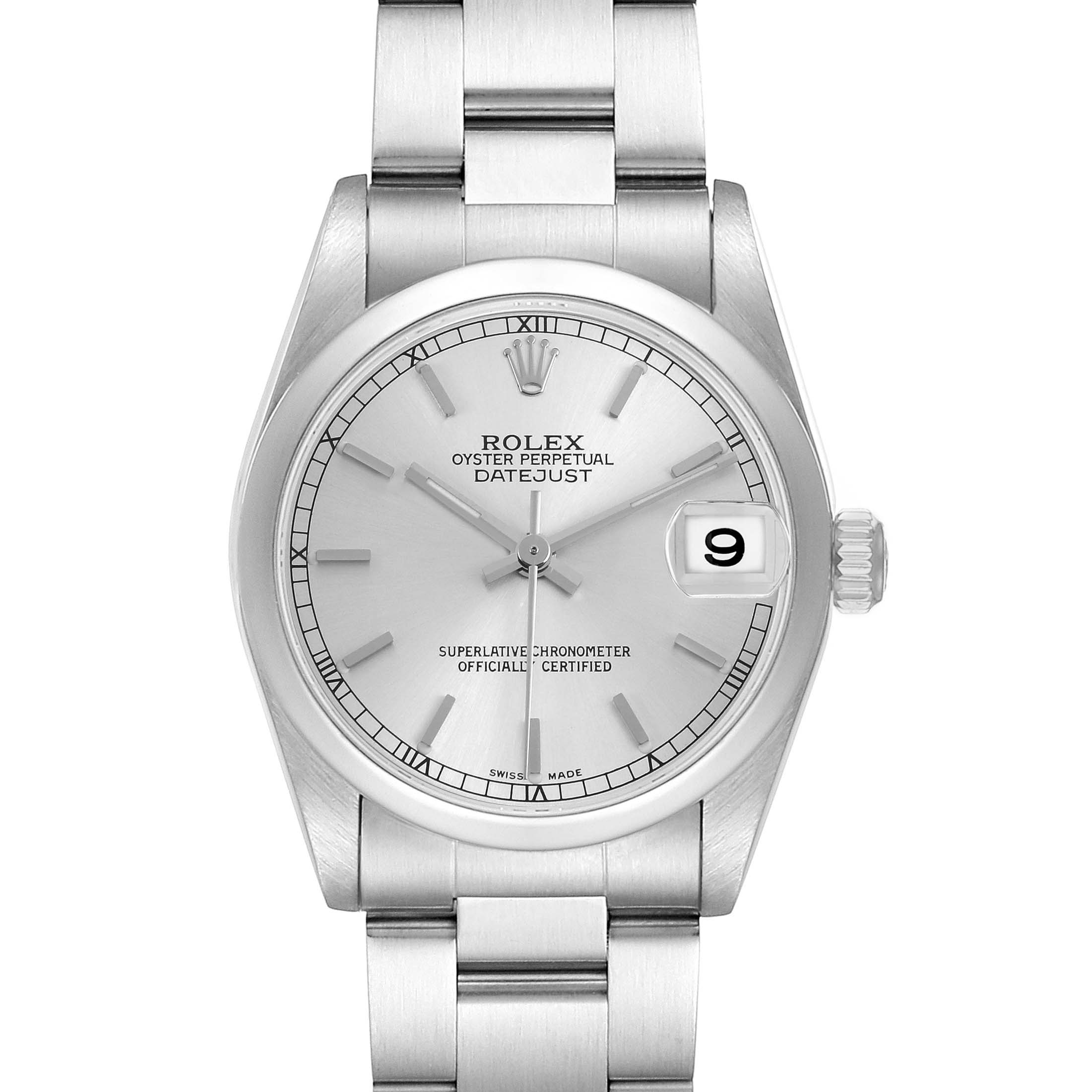 The Rolex Datejust Mid-Size watch is shown from the front, displaying the dial, hands, date, and part of the bracelet.