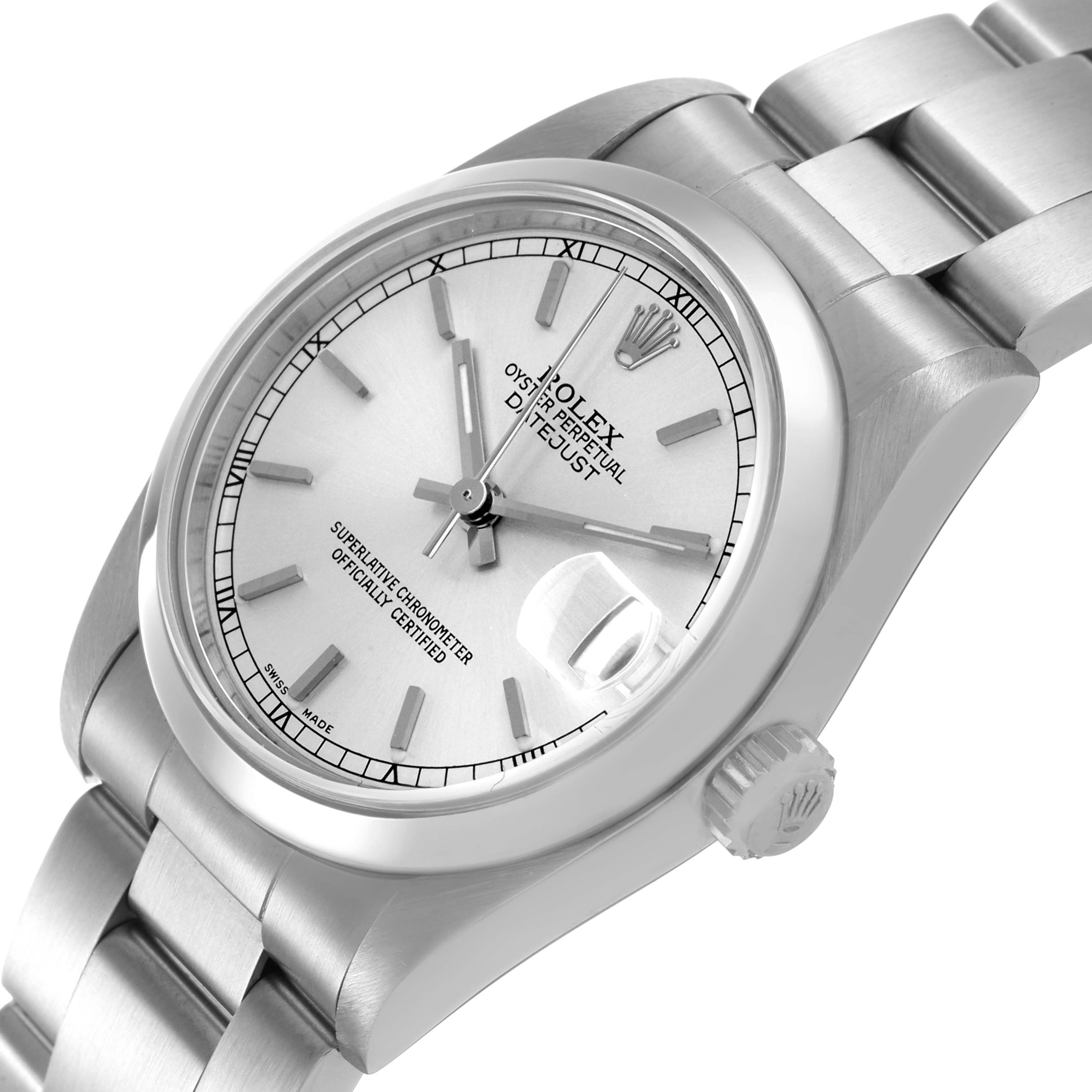 The image shows a Rolex Oyster Perpetual Datejust Mid-Size watch angled to display the dial, crown, and part of the bracelet.