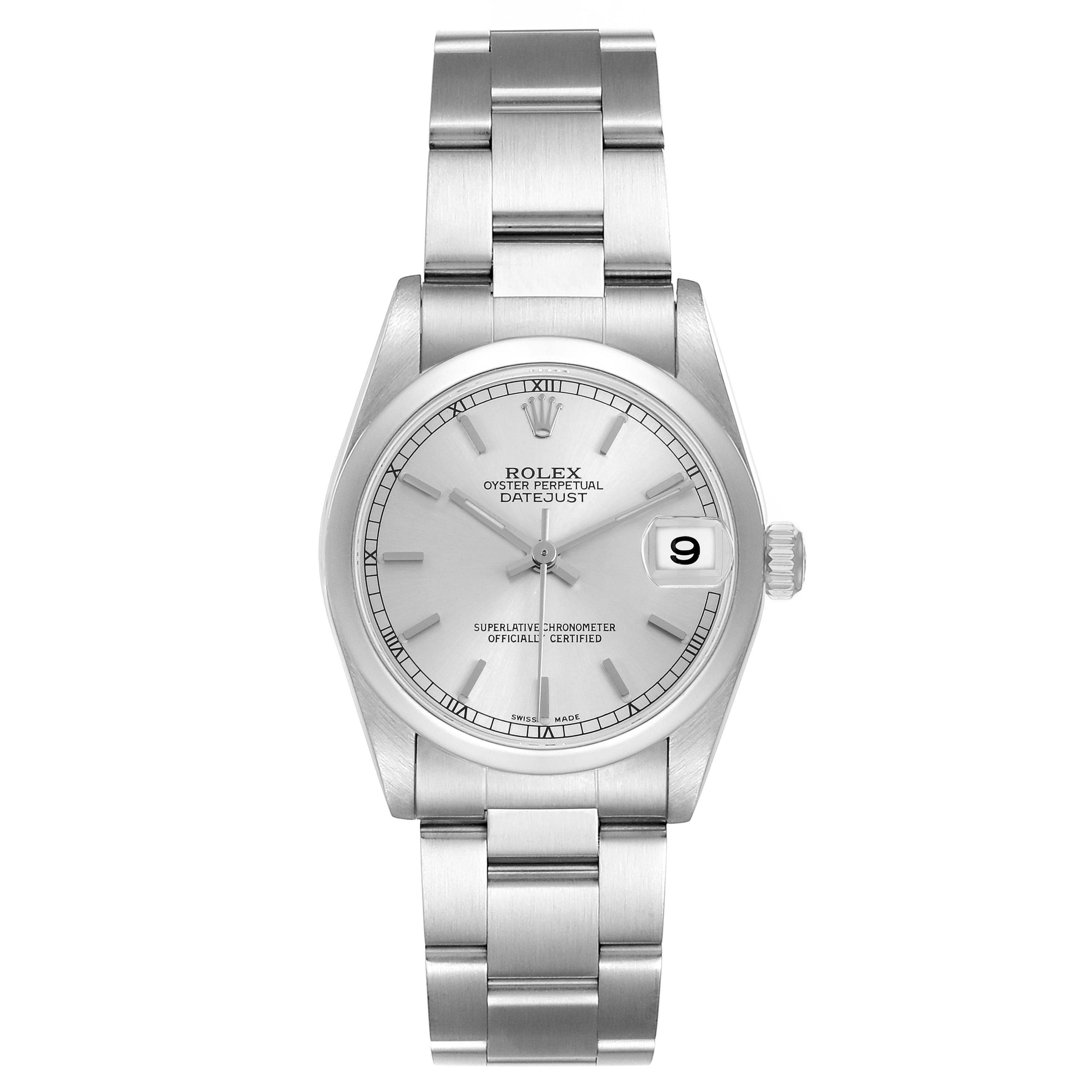 The Rolex Datejust Mid-Size watch is shown from a front angle, displaying the dial, bezel, crown, and stainless steel bracelet.