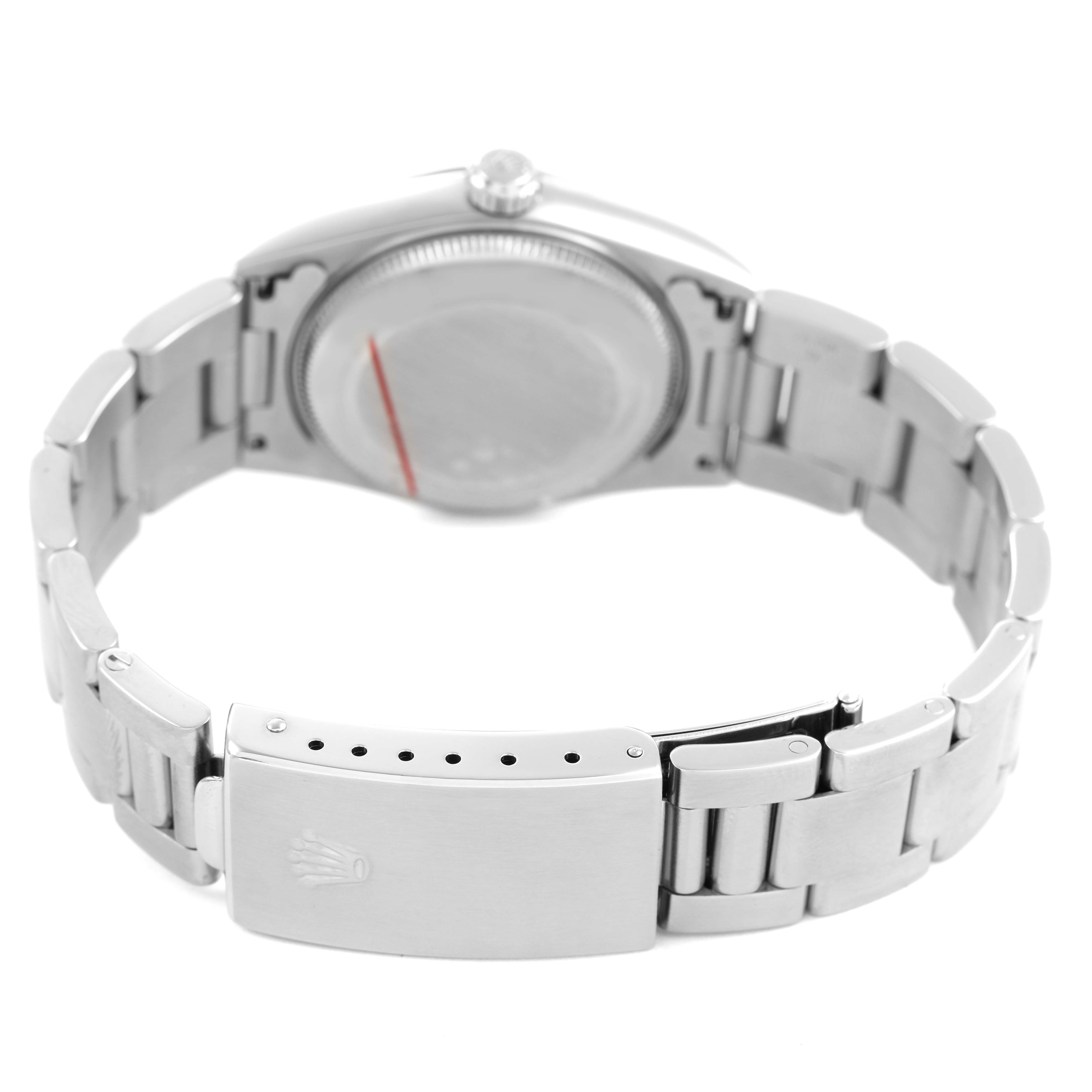 The image shows the back and clasp of a Rolex Mid-Size 78240 Women's Stainless Steel Silver Dial model, highlighting the bracelet and case back.