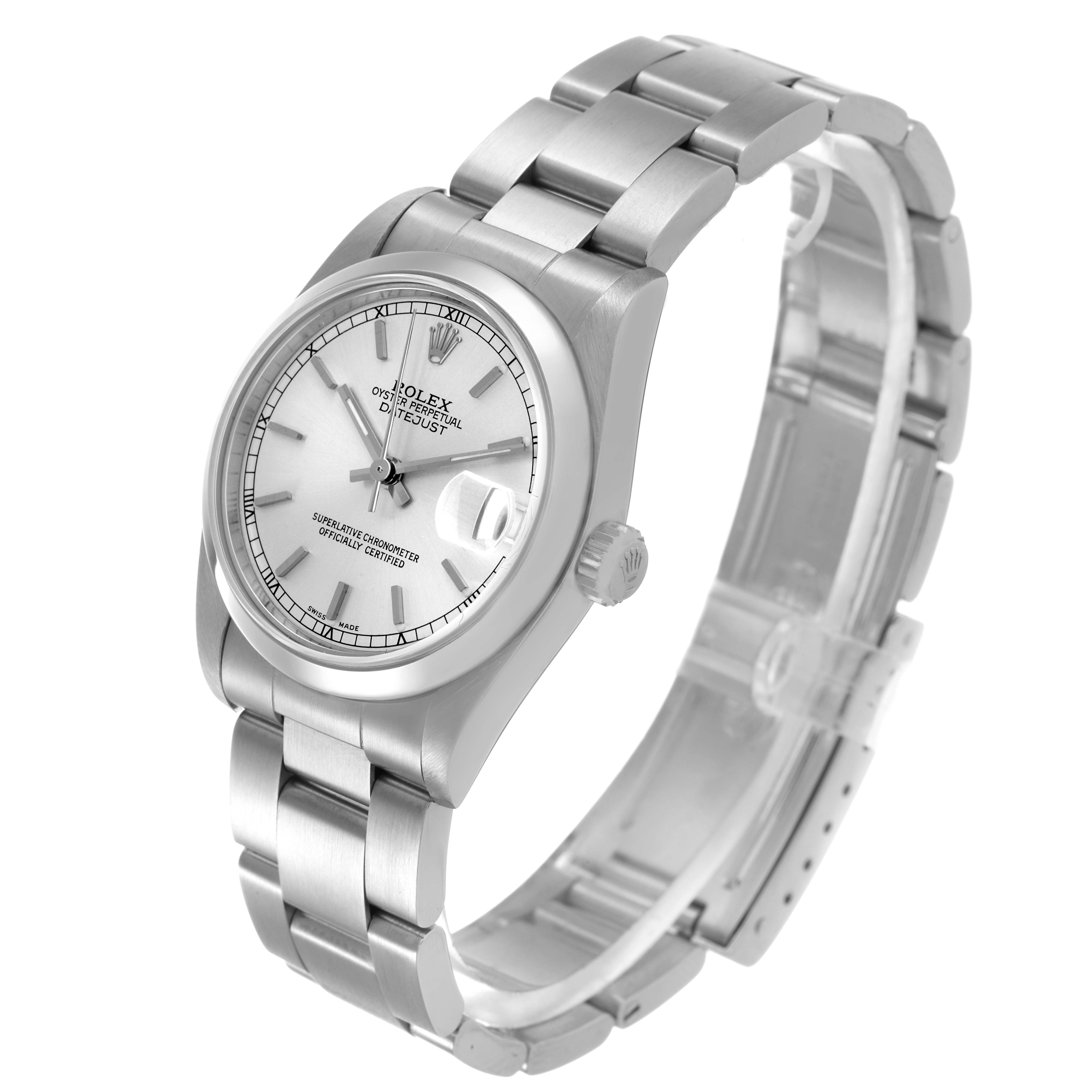 The Rolex Mid-Size 78240 Women's Stainless Steel Silver Dial watch is shown at a three-quarter angle, highlighting the bracelet, case, and dial.