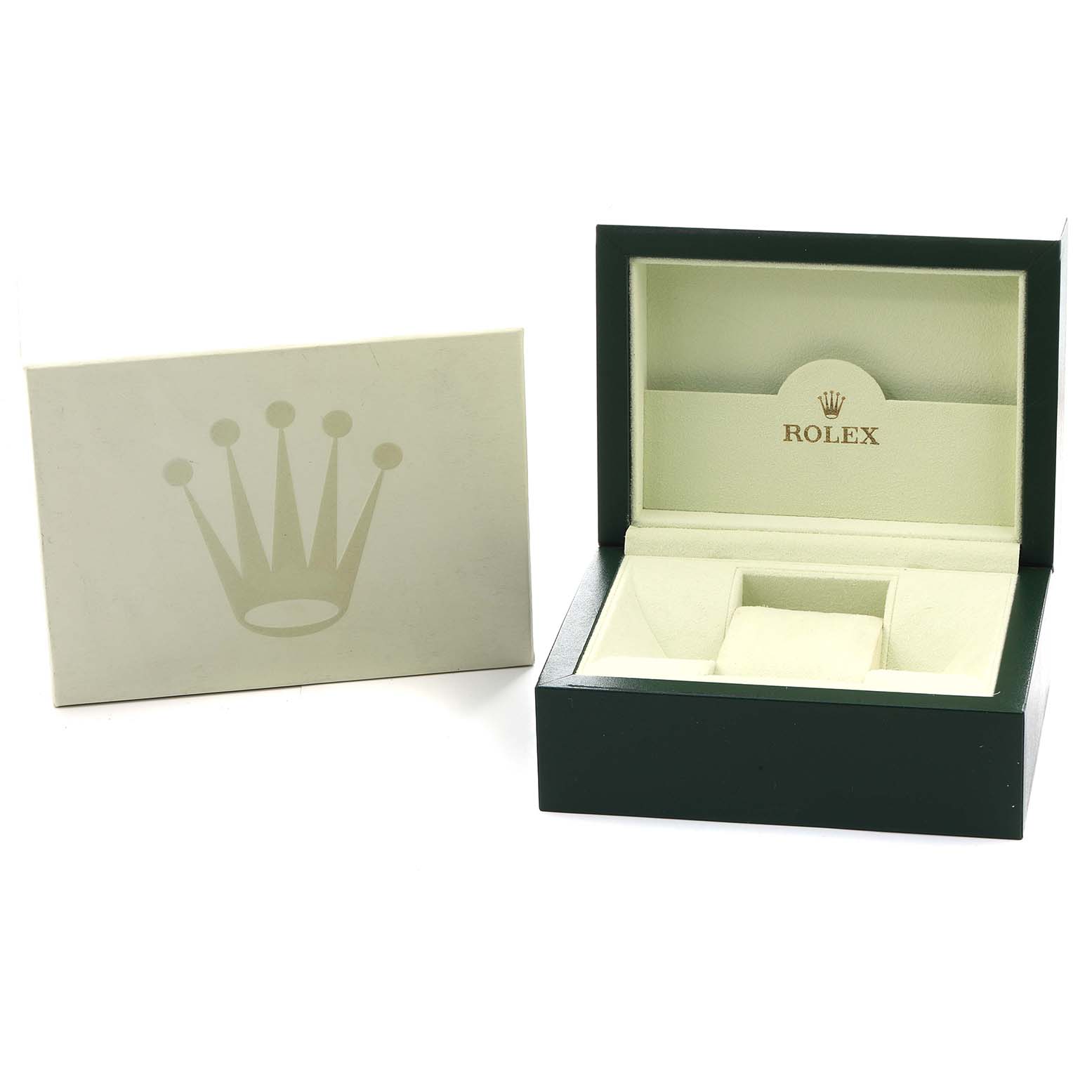 The image shows an open Rolex watch box for the Datejust model, with its lid displaying the brand logo, and an outer box beside it.