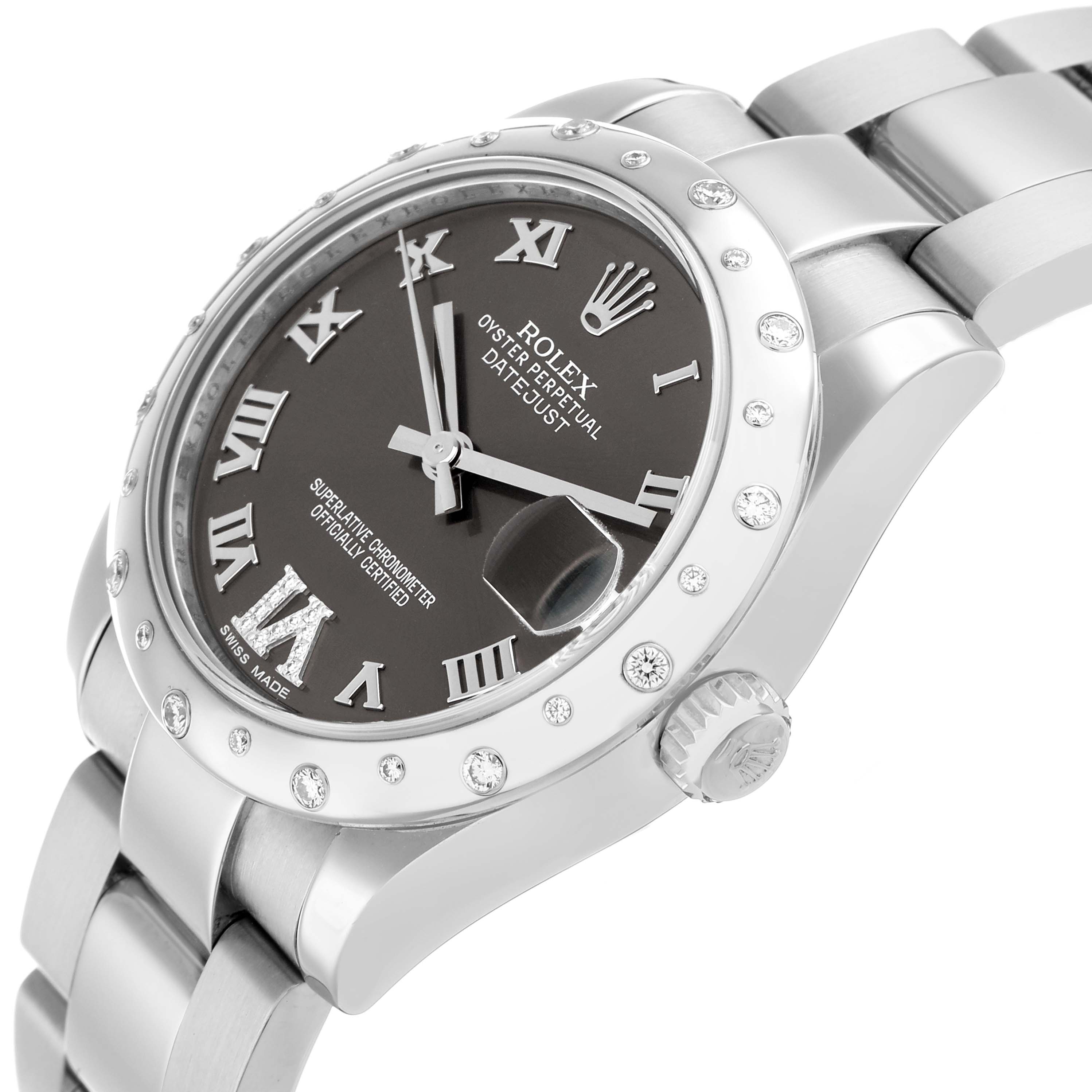 The image shows the Rolex Datejust 178344 Women
s Stainless Steel Grey Dial watch at a slight angle, displaying the dial, case, bracelet, and crown.