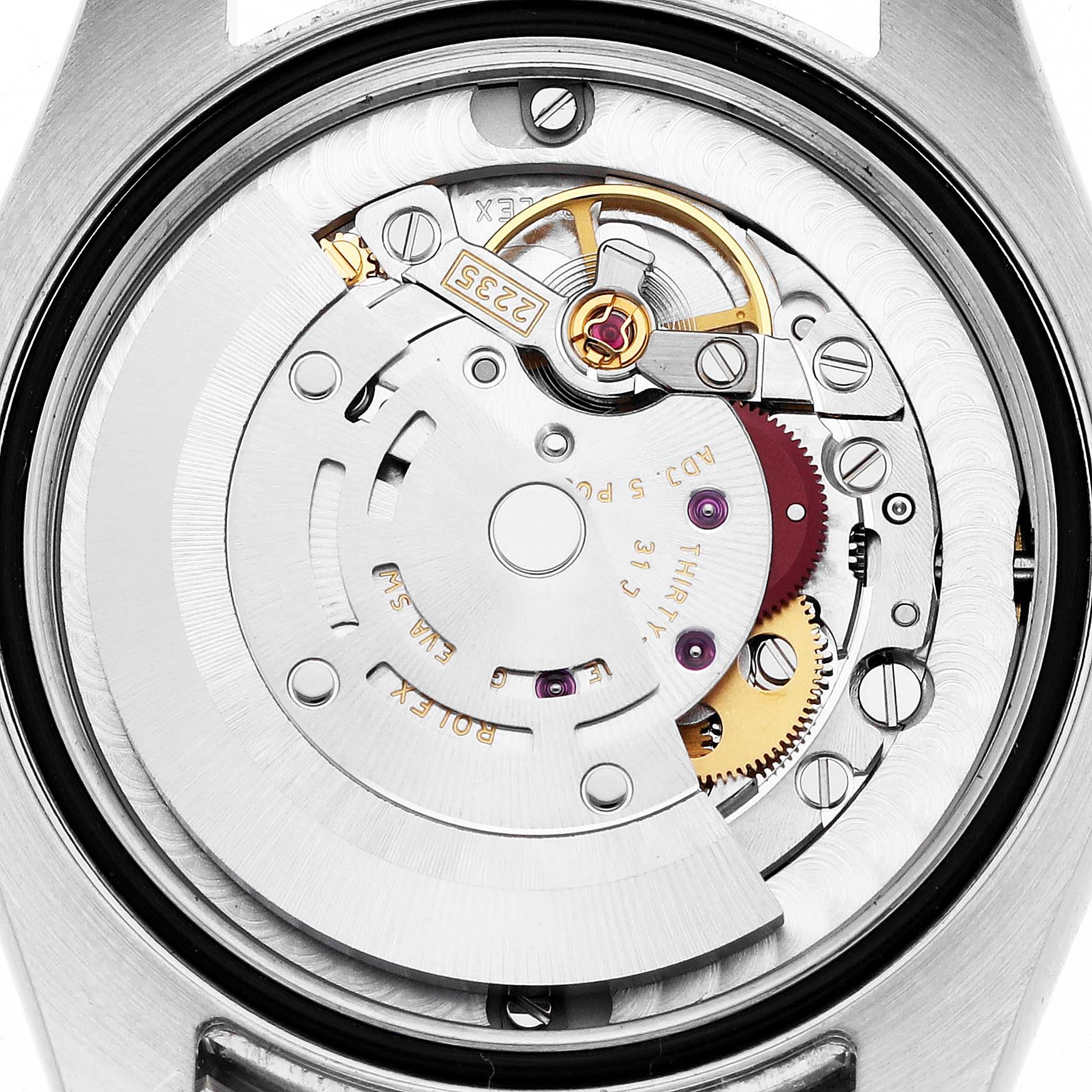 This image shows the movement of a Rolex Datejust 178344 Women
s Stainless Steel Grey Dial watch from a top-down angle.